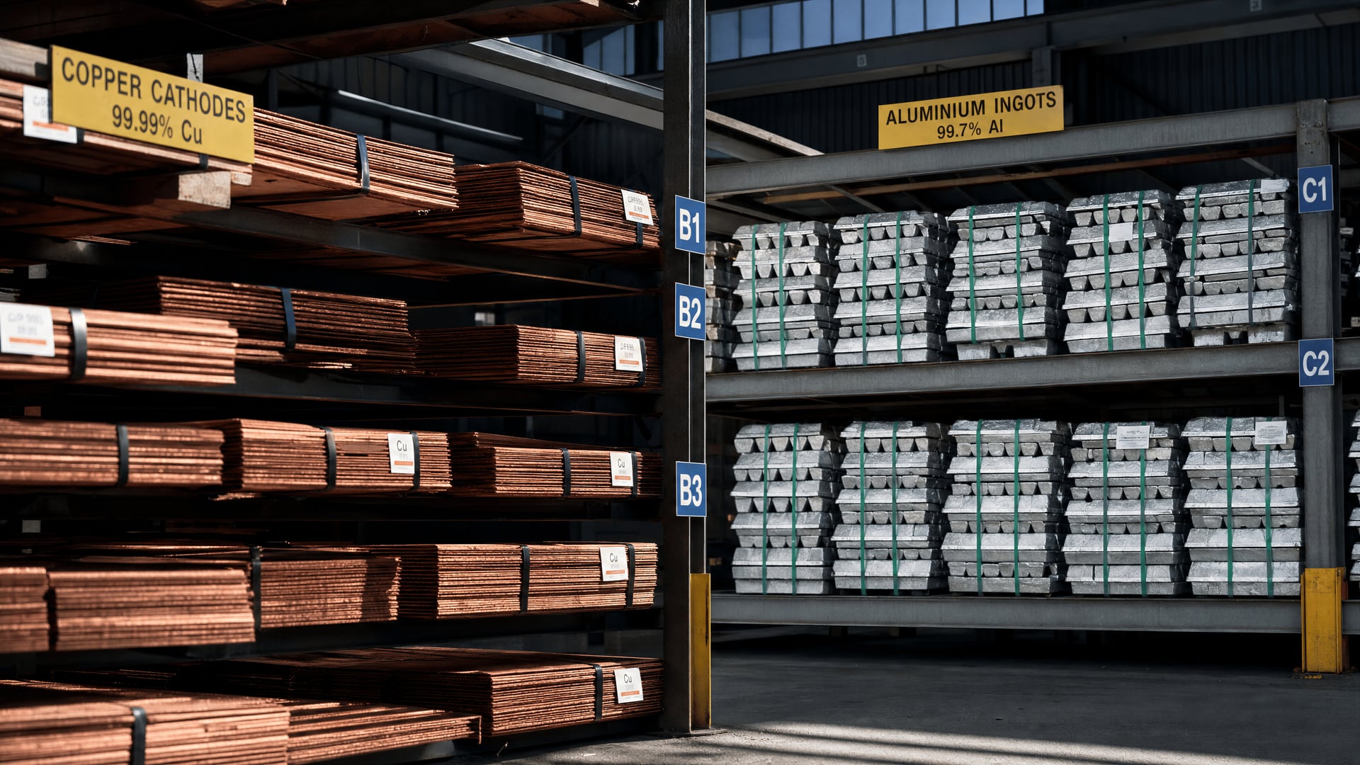 Copper cathodes and aluminium ingots stored beside labelled warehouse inventory boards