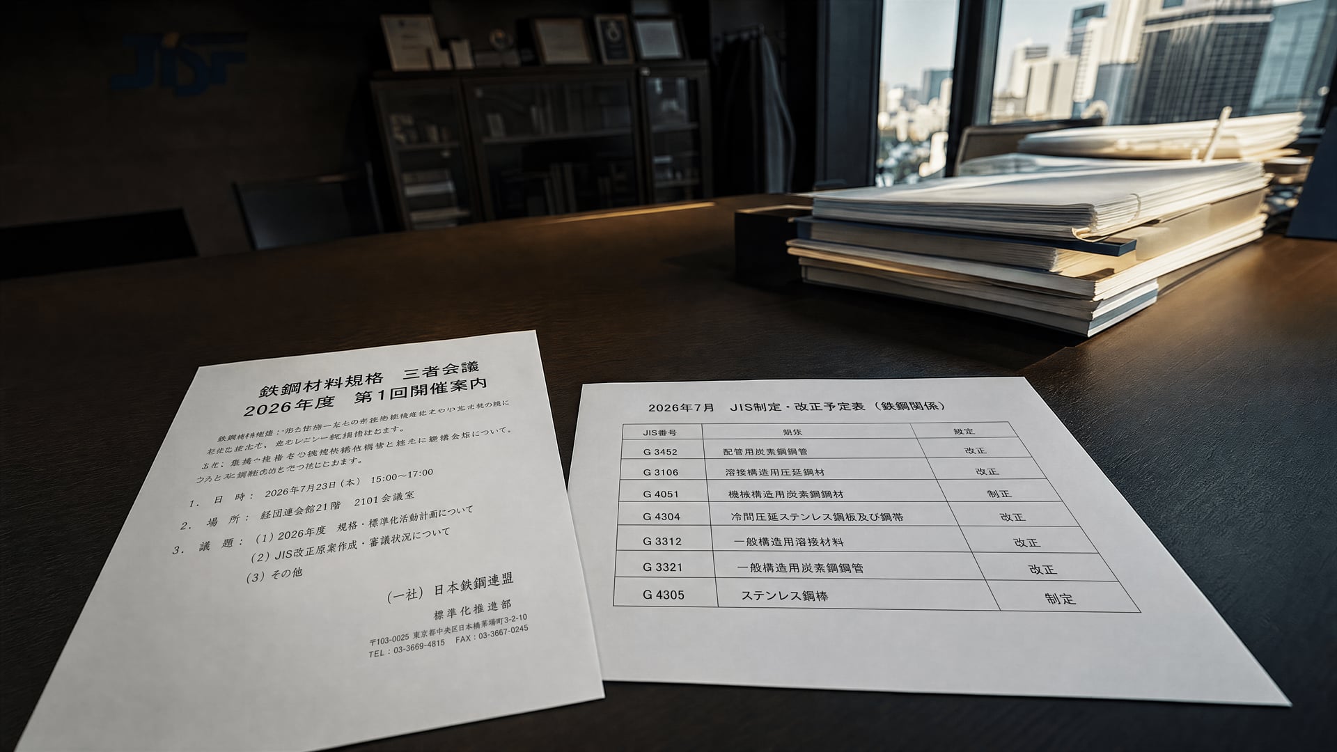 Japanese steel standards committee documents showing the FY2026 meeting notice and JIS revision agenda