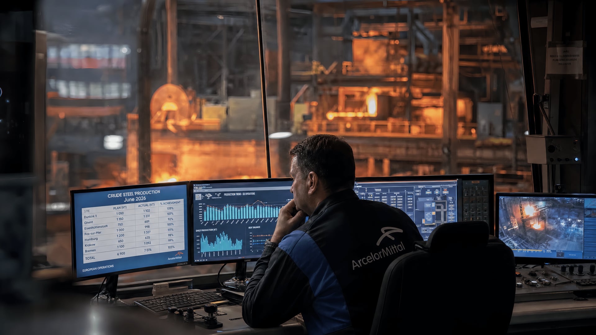 European steelworks control room reviewing June crude steel production records beside an active furnace