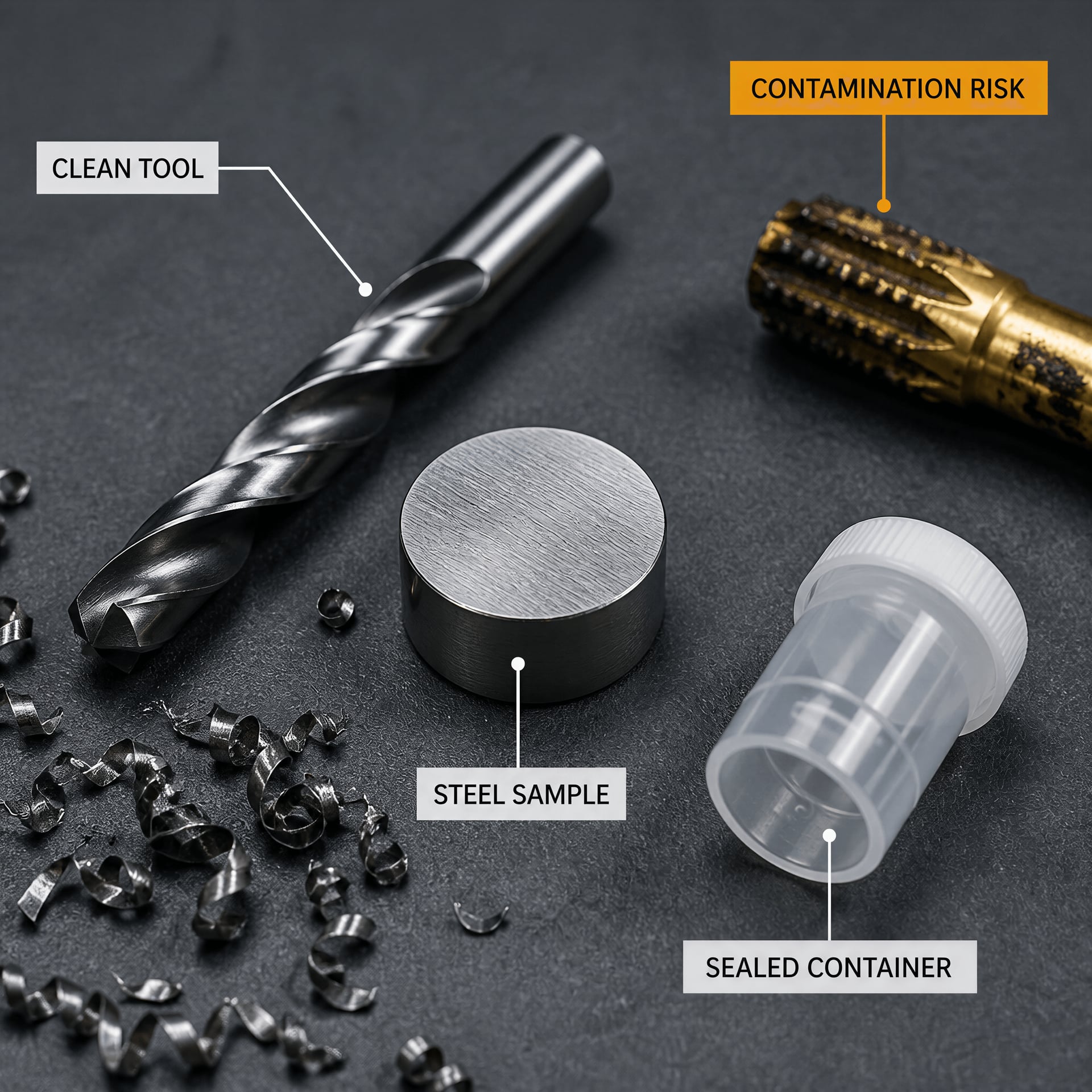 Steel chemical-analysis chips beside clean and contamination-risk tools