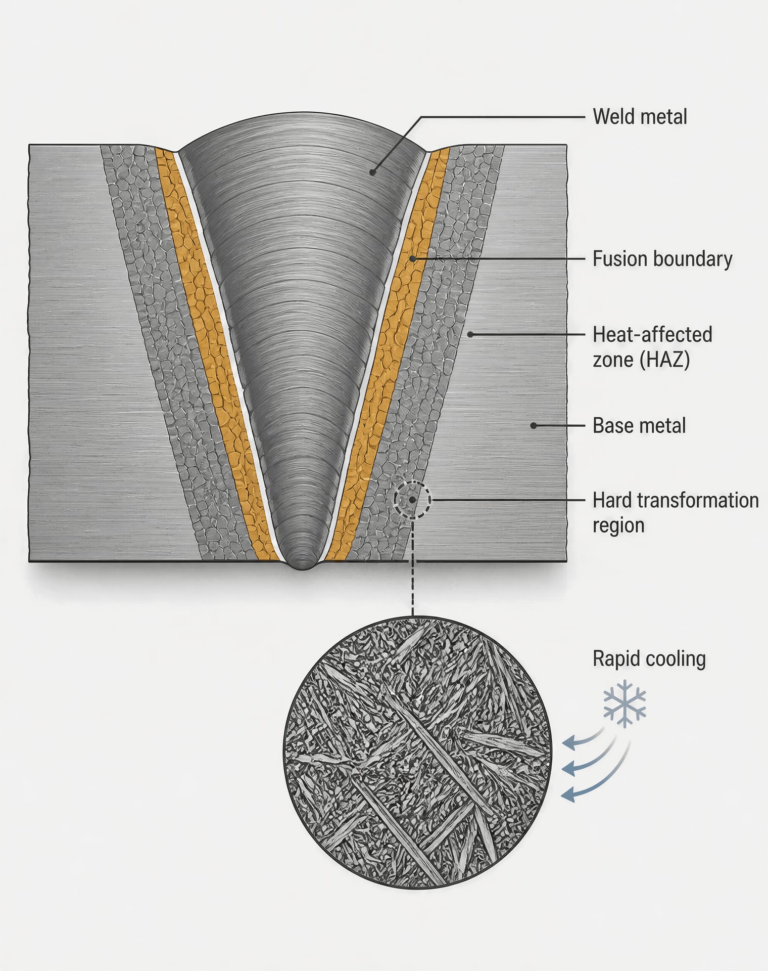 Cross-section of a welded steel joint labelled with the weld metal, fusion boundary, HAZ and base metal.