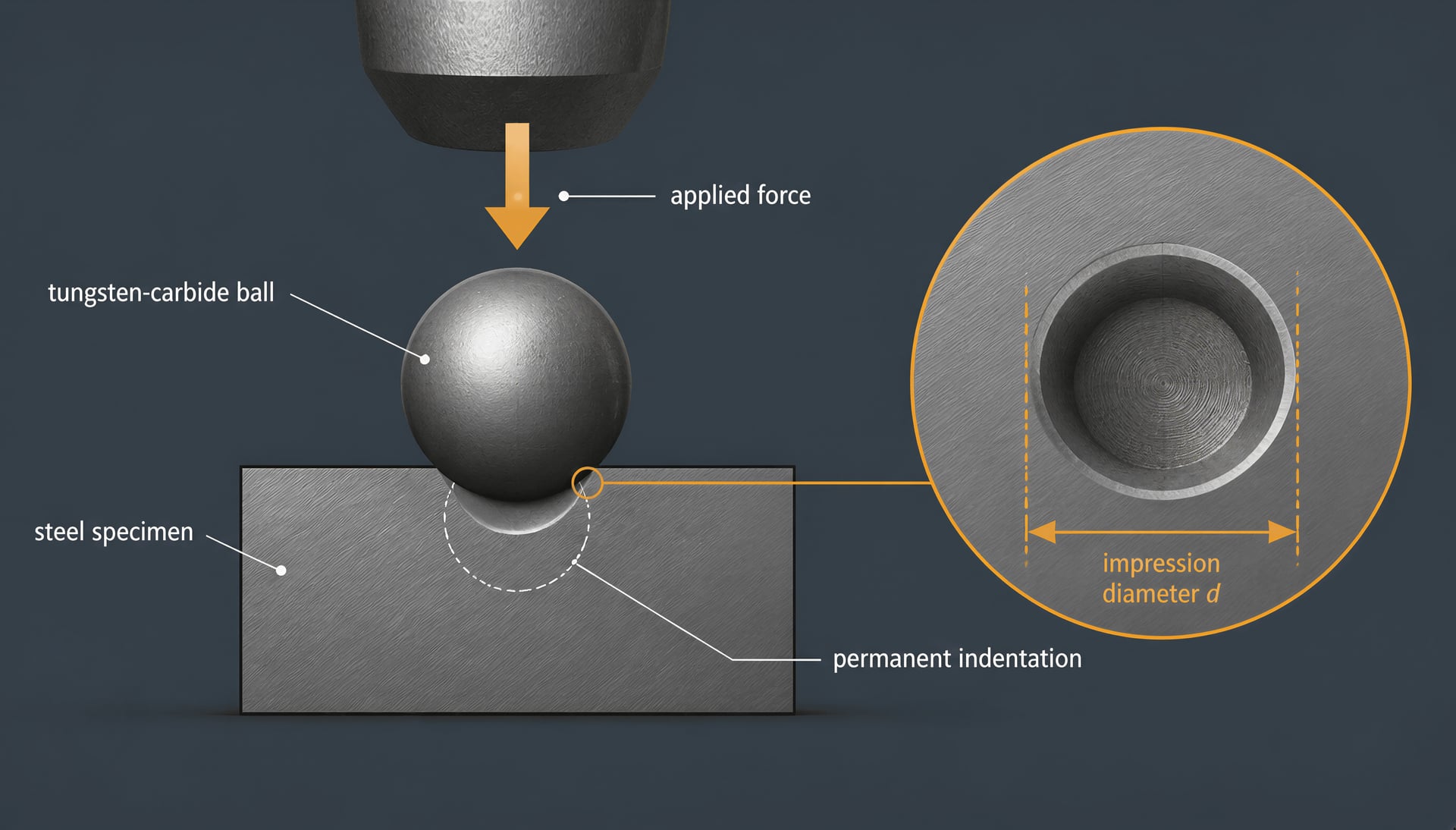 Brinell test diagram showing a carbide ball pressing into steel and the measured indentation diameter