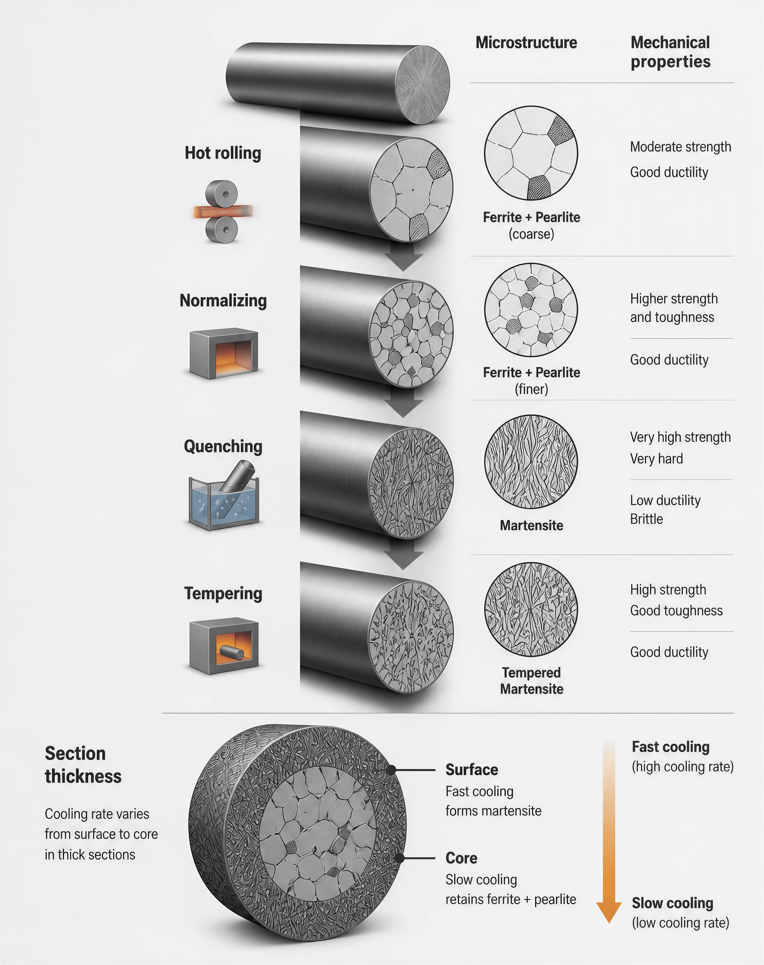 Cutaway diagram showing how steel processing and section thickness change microstructure from surface to core.