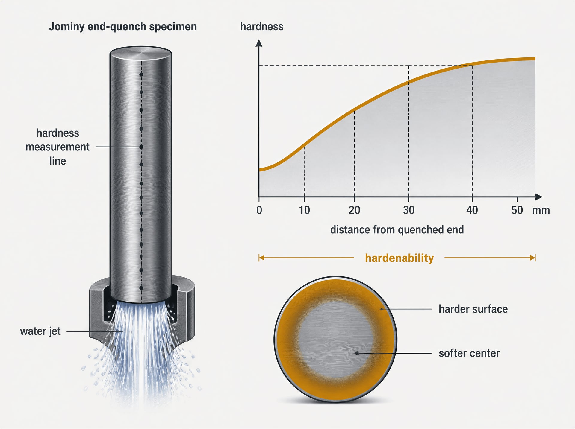 Jominy specimen and steel bar diagram showing hardness declining with distance and toward the core
