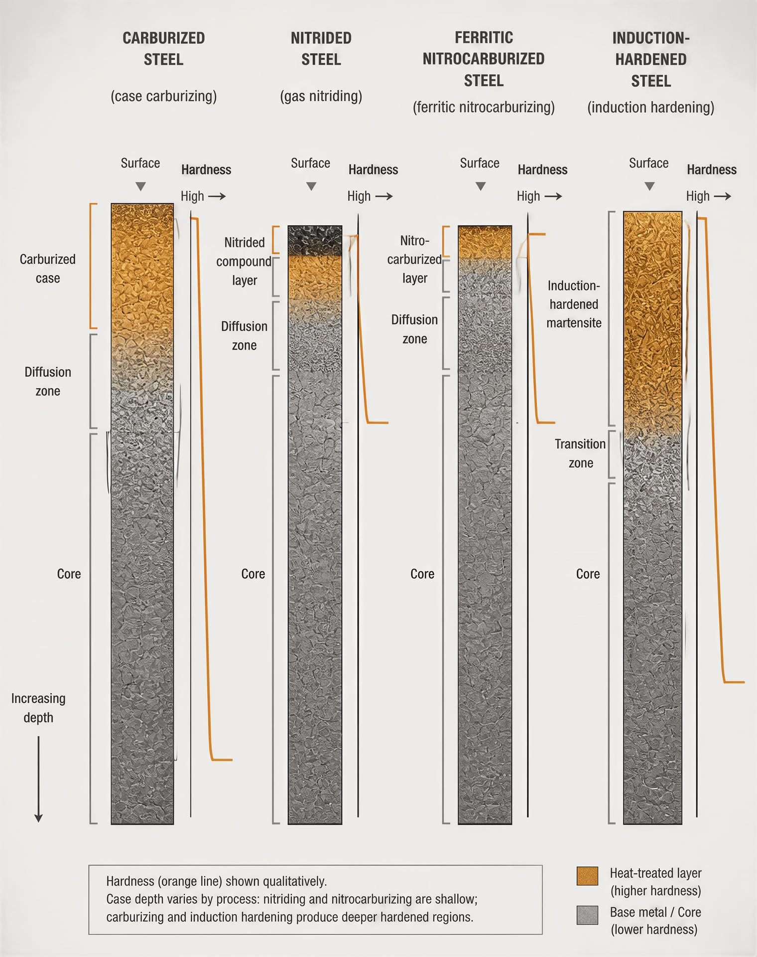 Comparison of case and core structures in four surface-hardening treatments
