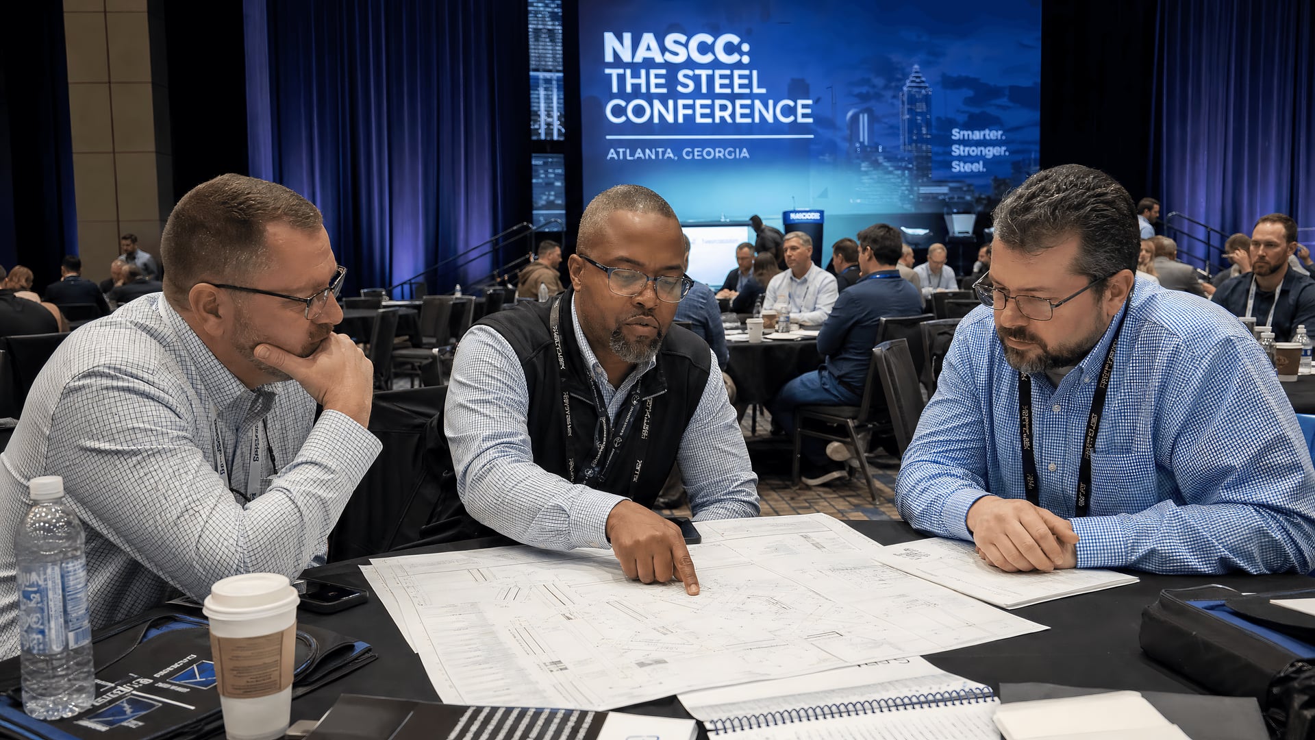 Steel engineers and fabricators reviewing connection drawings during an Atlanta conference session