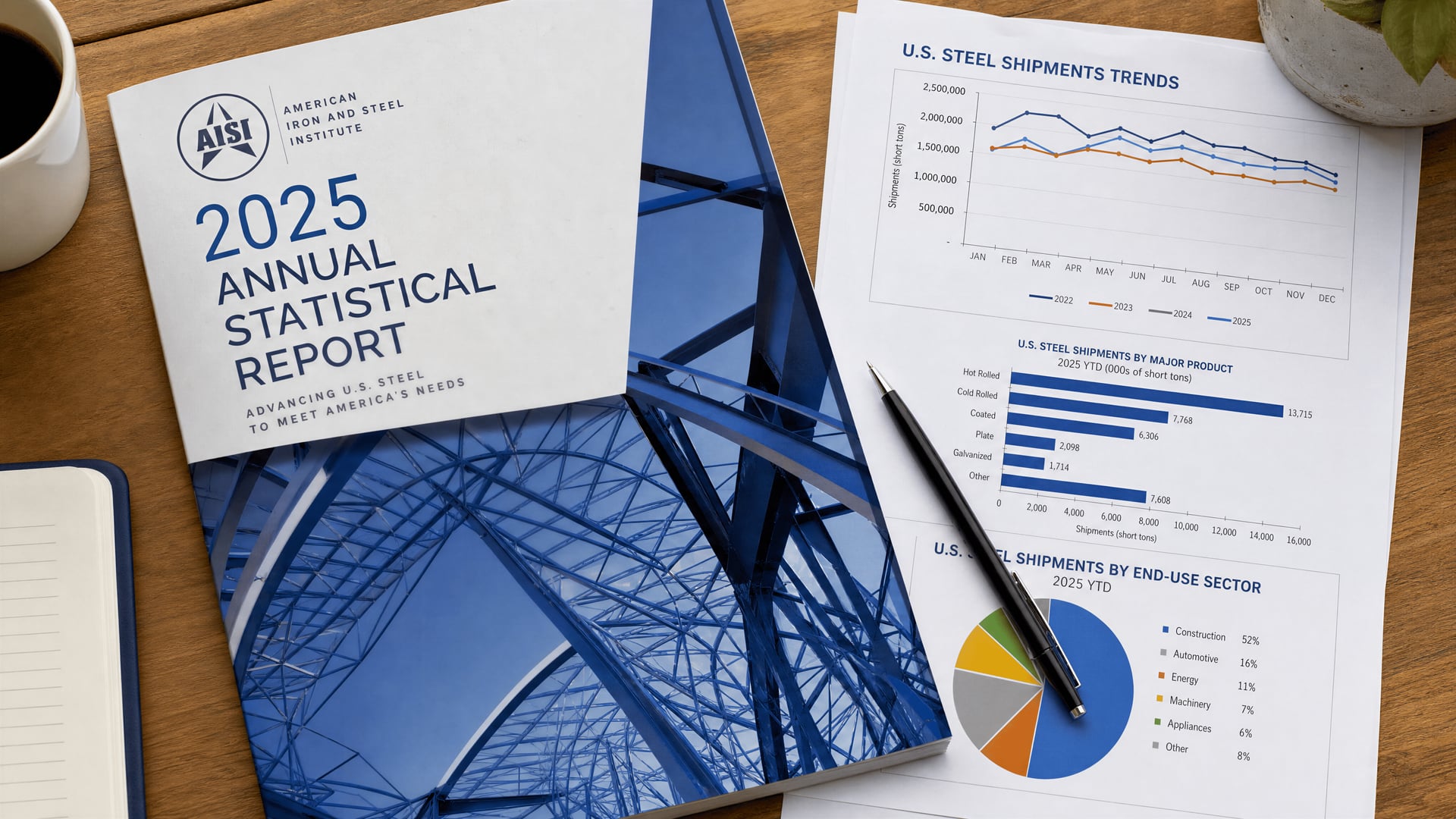 AISI 2025 Annual Statistical Report beside steel shipment charts in Washington, D.C.