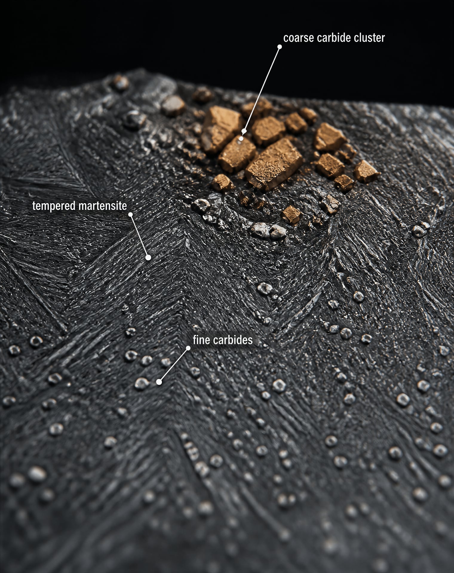 Tool-steel microstructure with tempered martensite and fine and coarse carbides