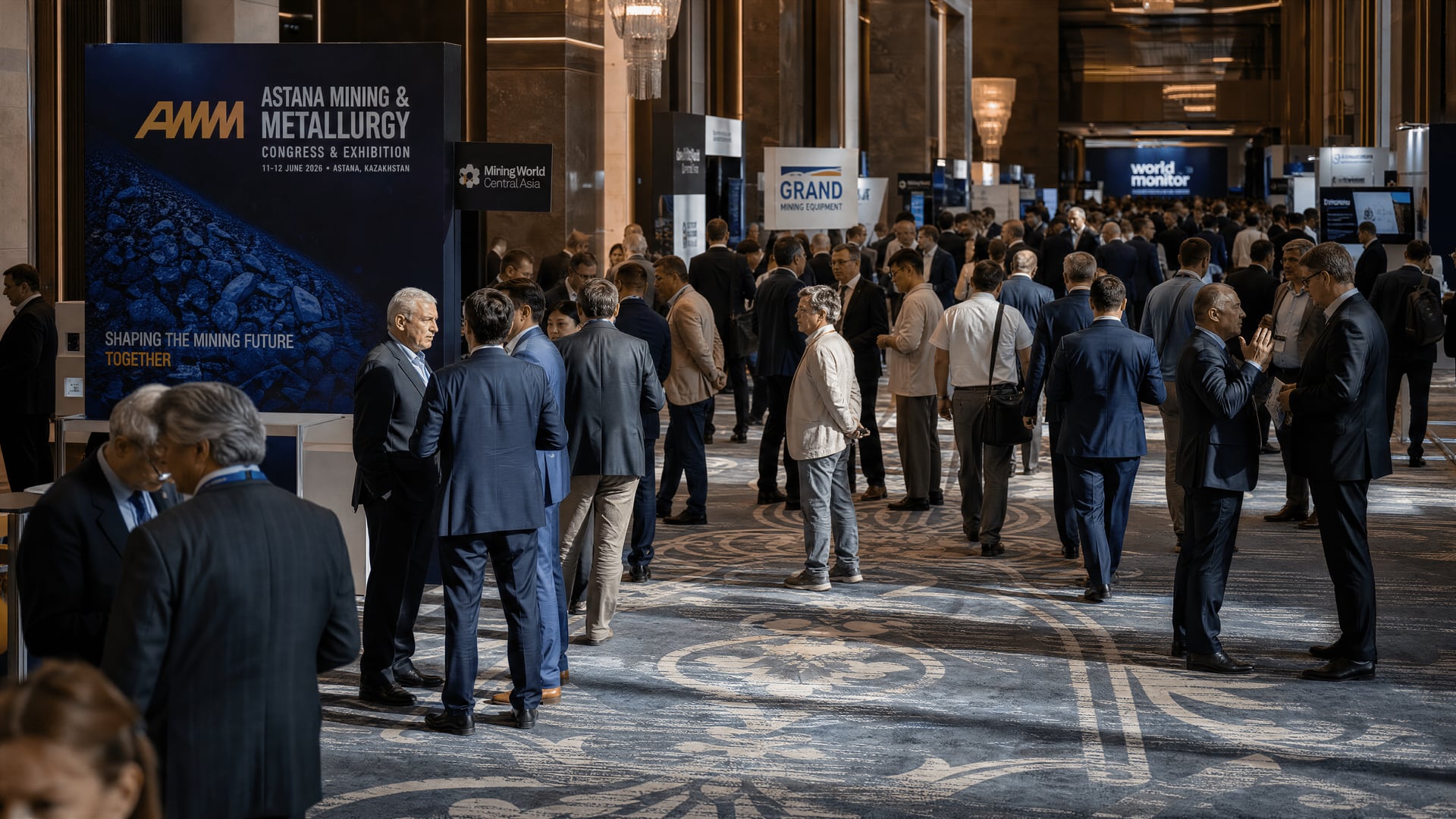 Delegates and exhibition stands inside Hilton Astana during the AMM 2026 mining congress