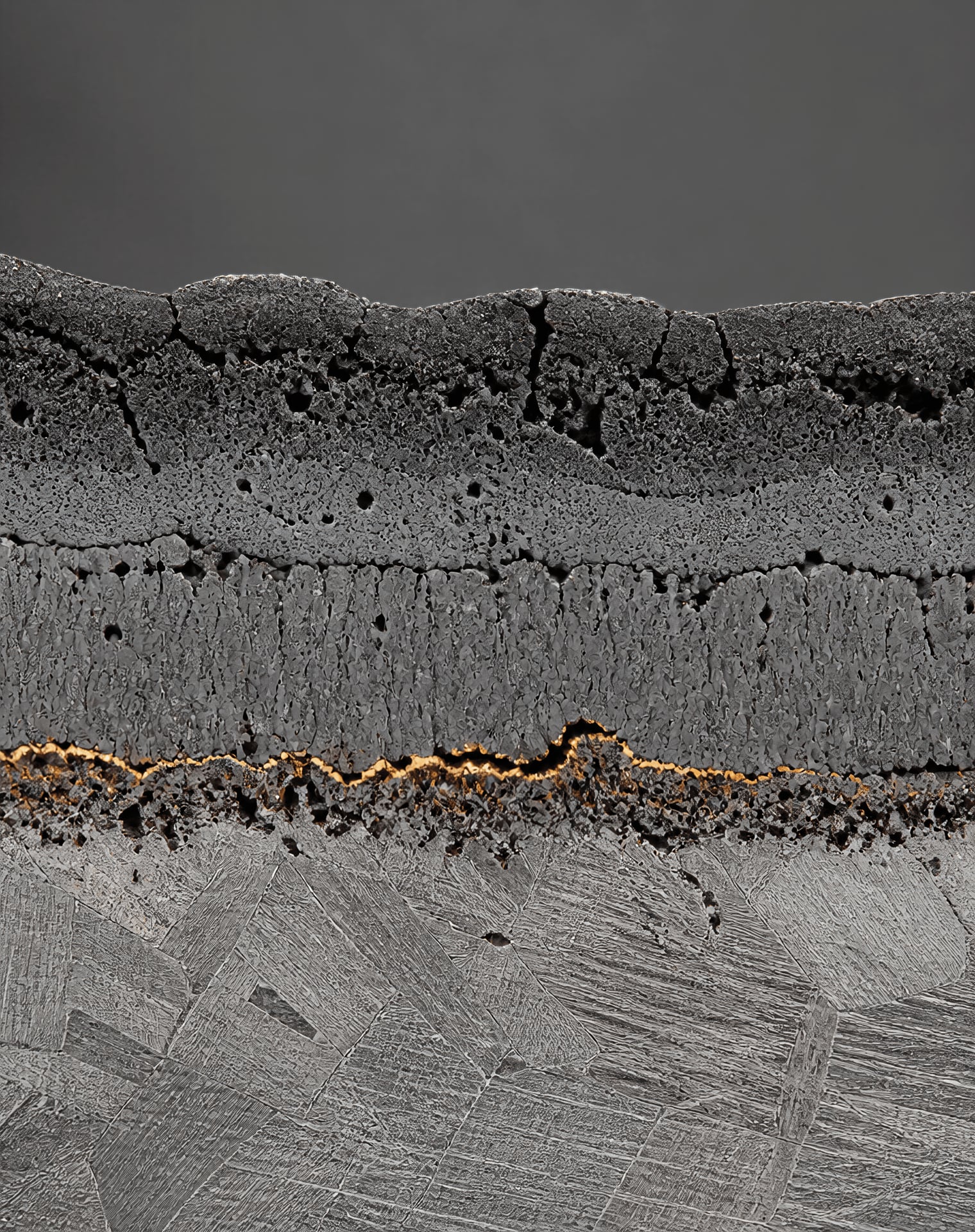 Layered iron oxide scale above a carbon-affected steel surface.