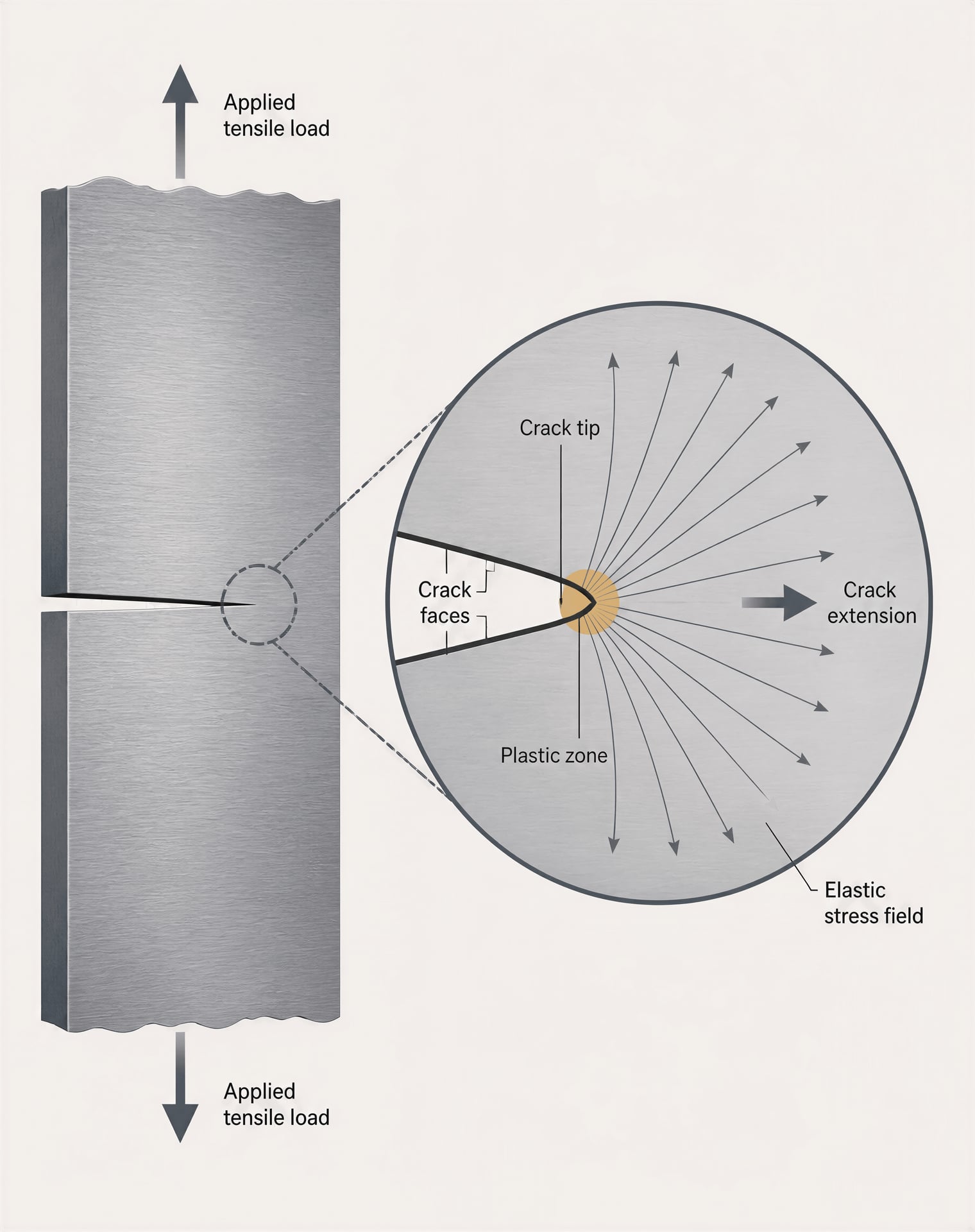 Diagram of stress concentration and a plastic zone at a crack tip in steel