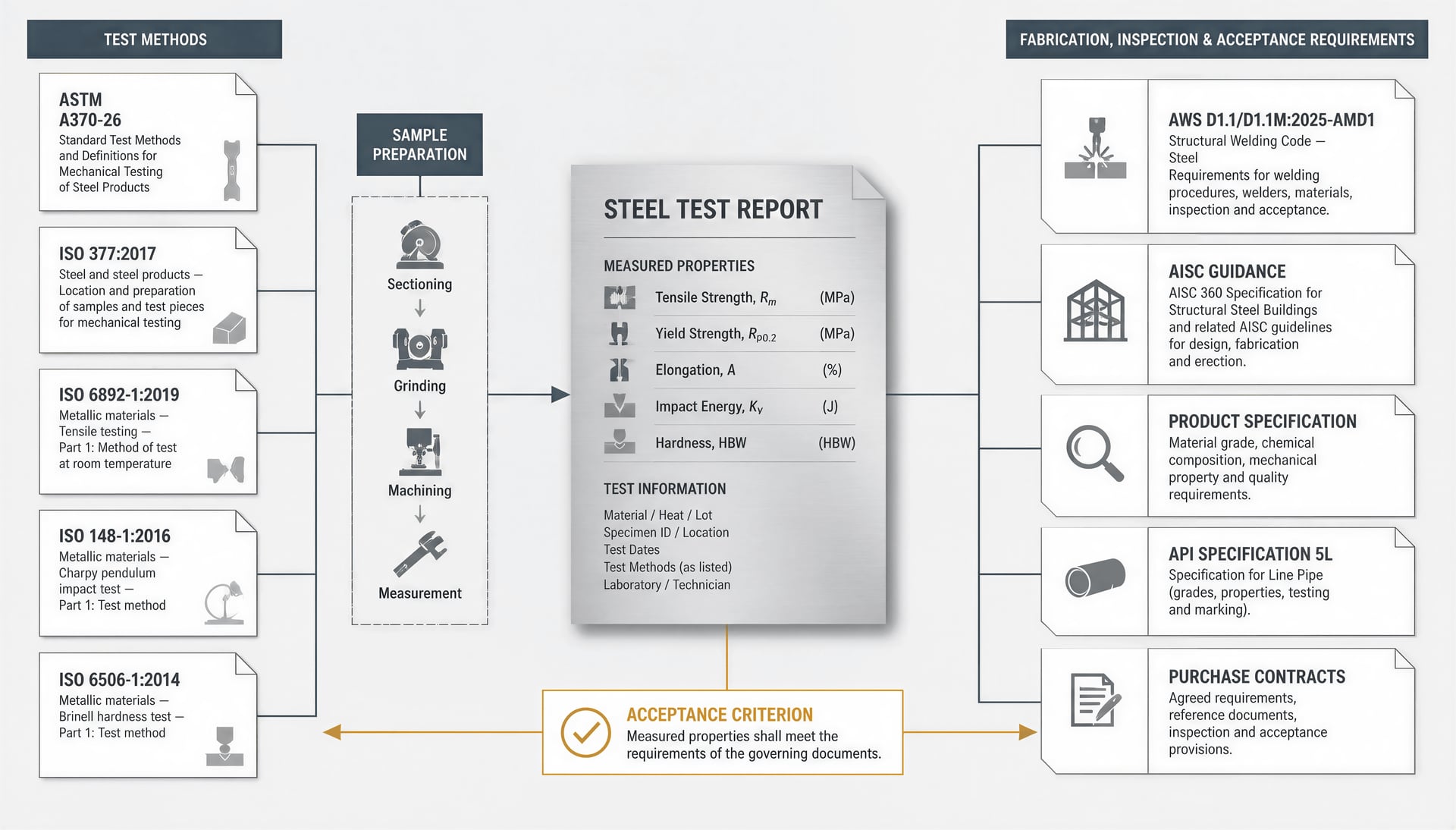 Diagram showing how steel test methods connect to product and weld acceptance requirements