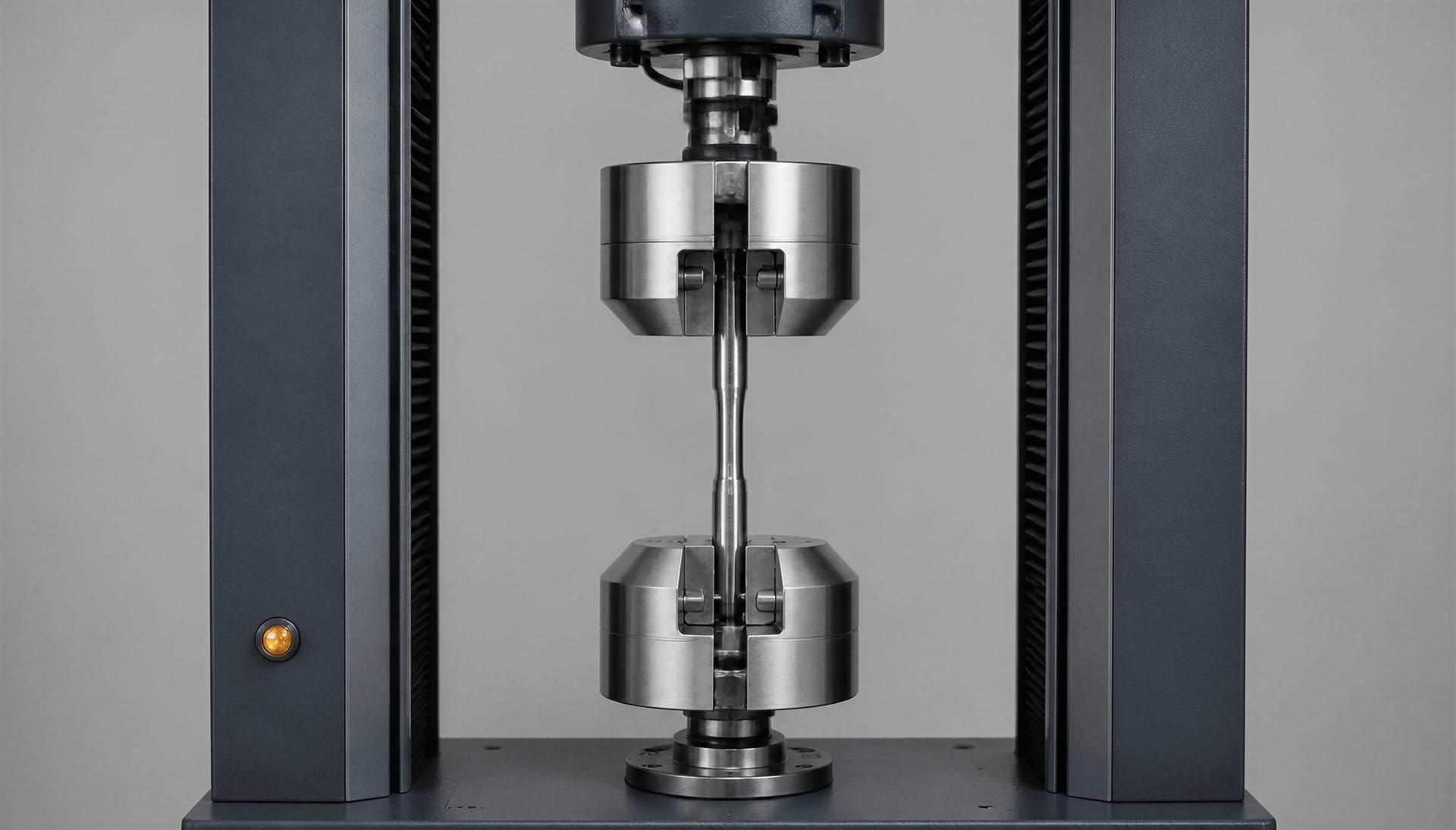 Axial fatigue testing machine gripping a steel specimen
