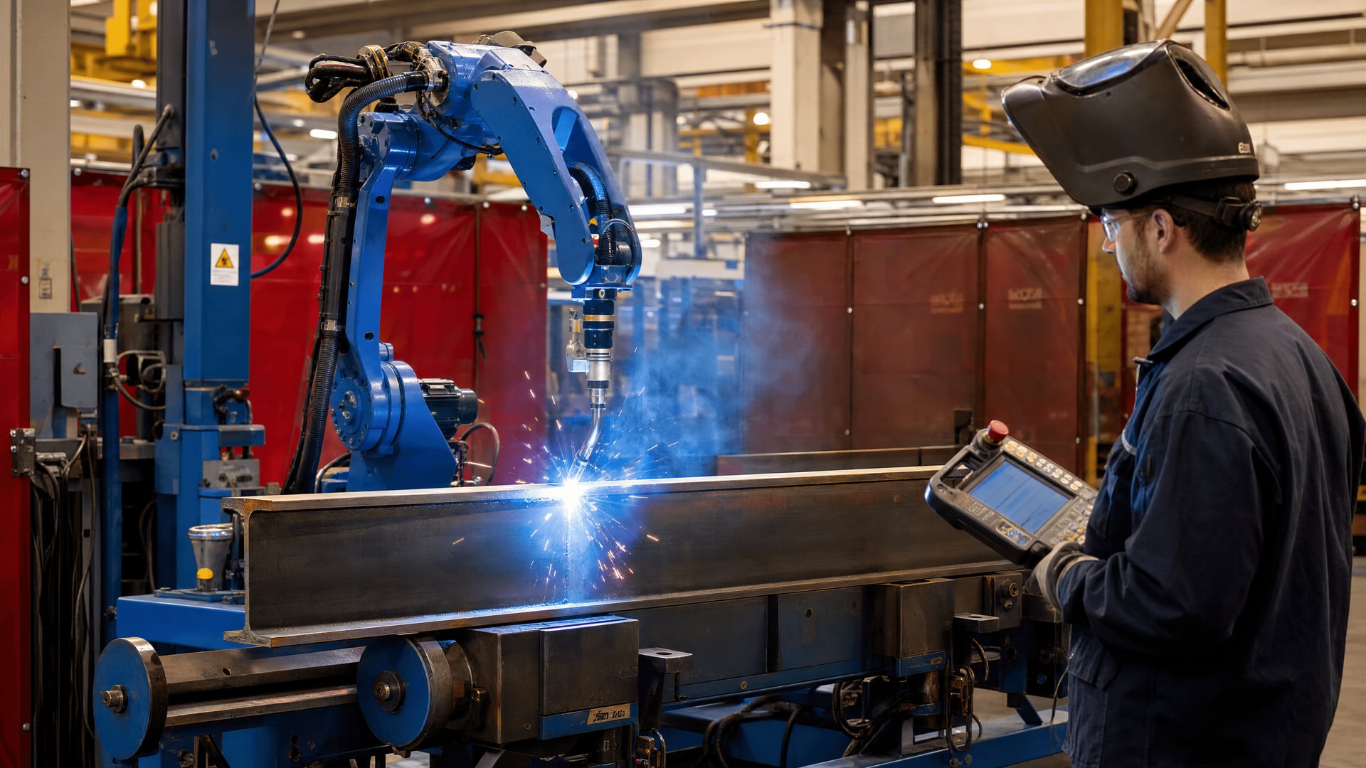 Technician monitoring a collaborative robot welding a structural-steel I-beam in a fabrication cell