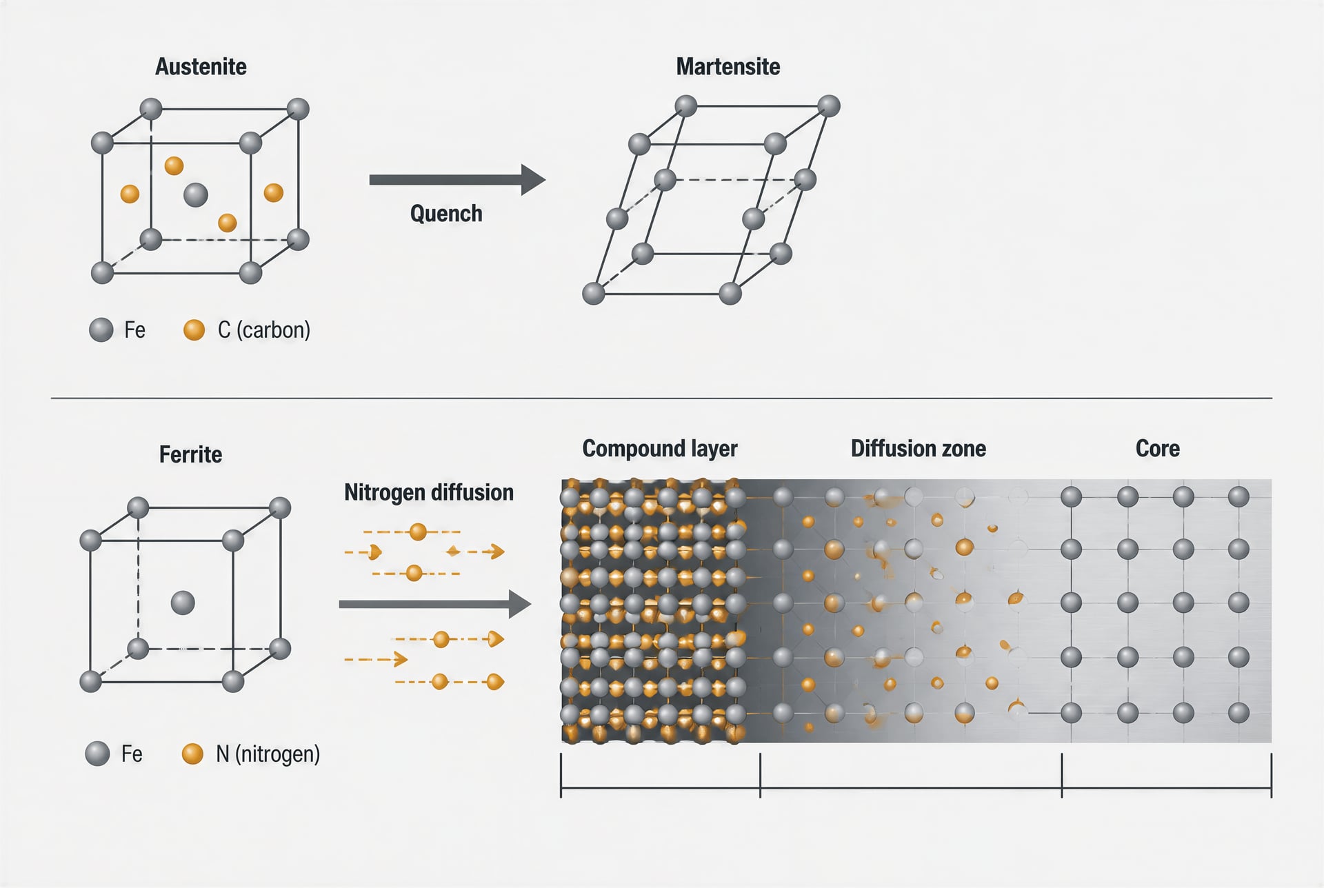 Schematic of phase changes and nitrogen diffusion in steel case hardening
