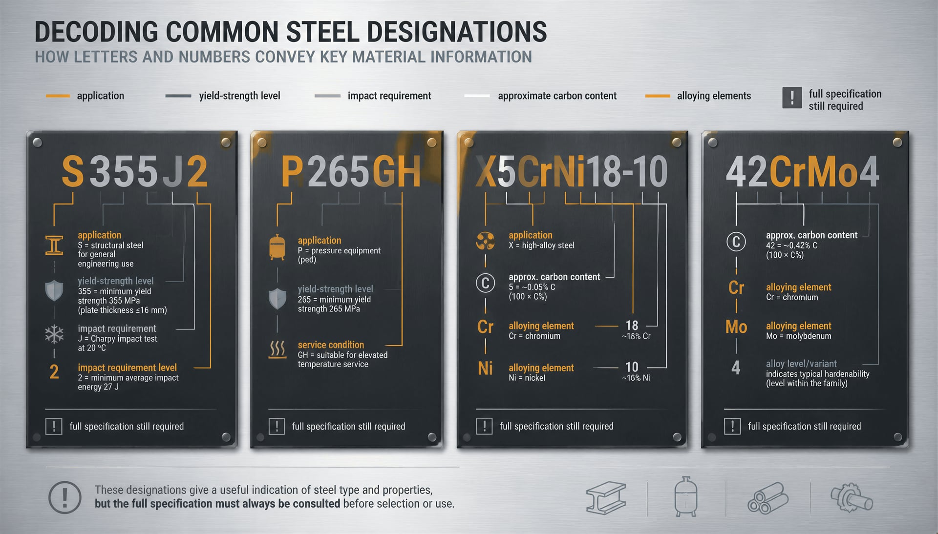 Diagram decoding four steel designations and their encoded information