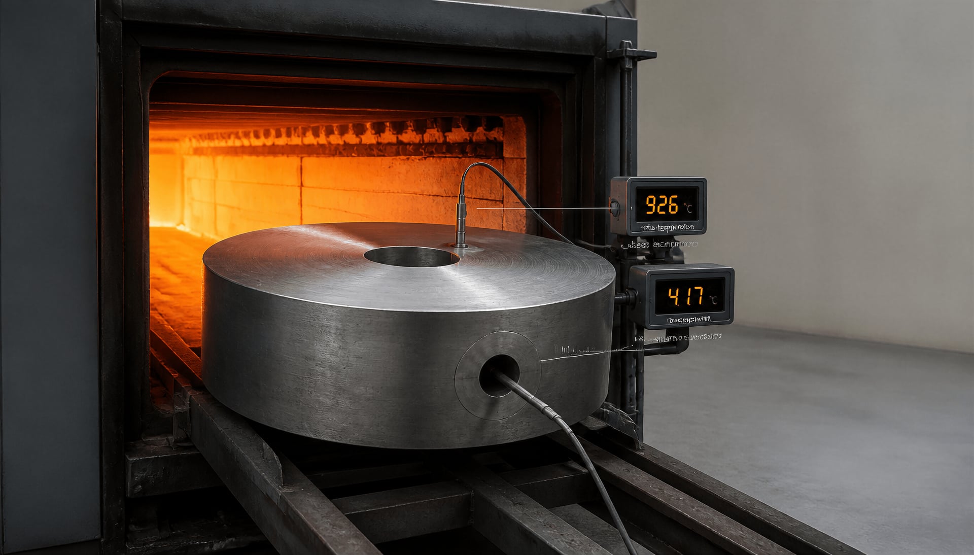 A thick steel forging in a furnace with probes measuring surface and core temperature.