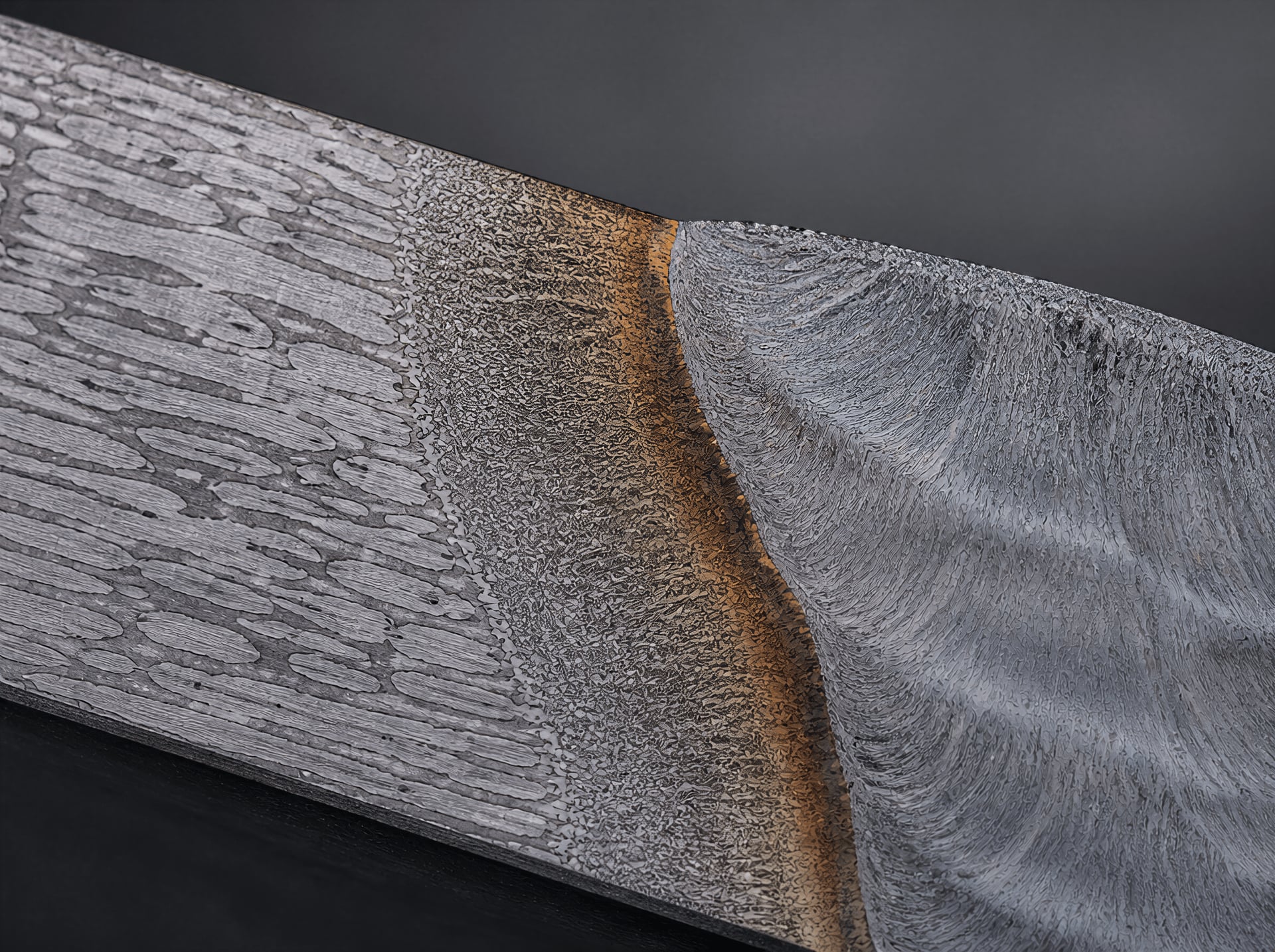 Macro view of a duplex stainless-steel weld showing the heat-affected zone and ferrite-austenite phases.