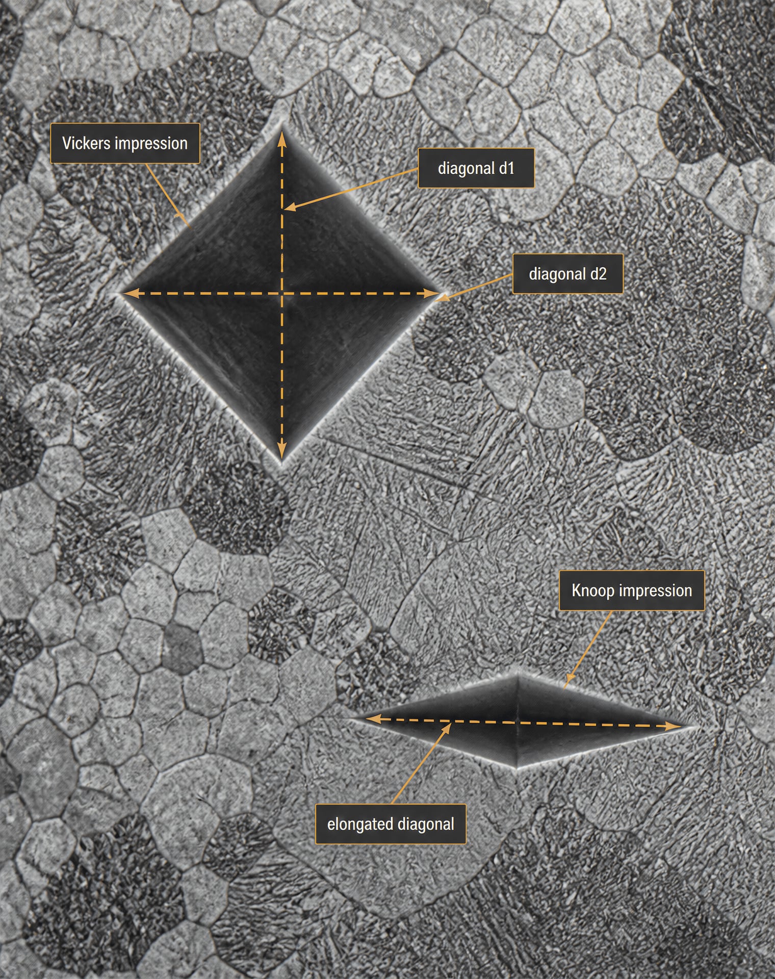 Vickers and Knoop diamond impressions in a polished steel microstructure