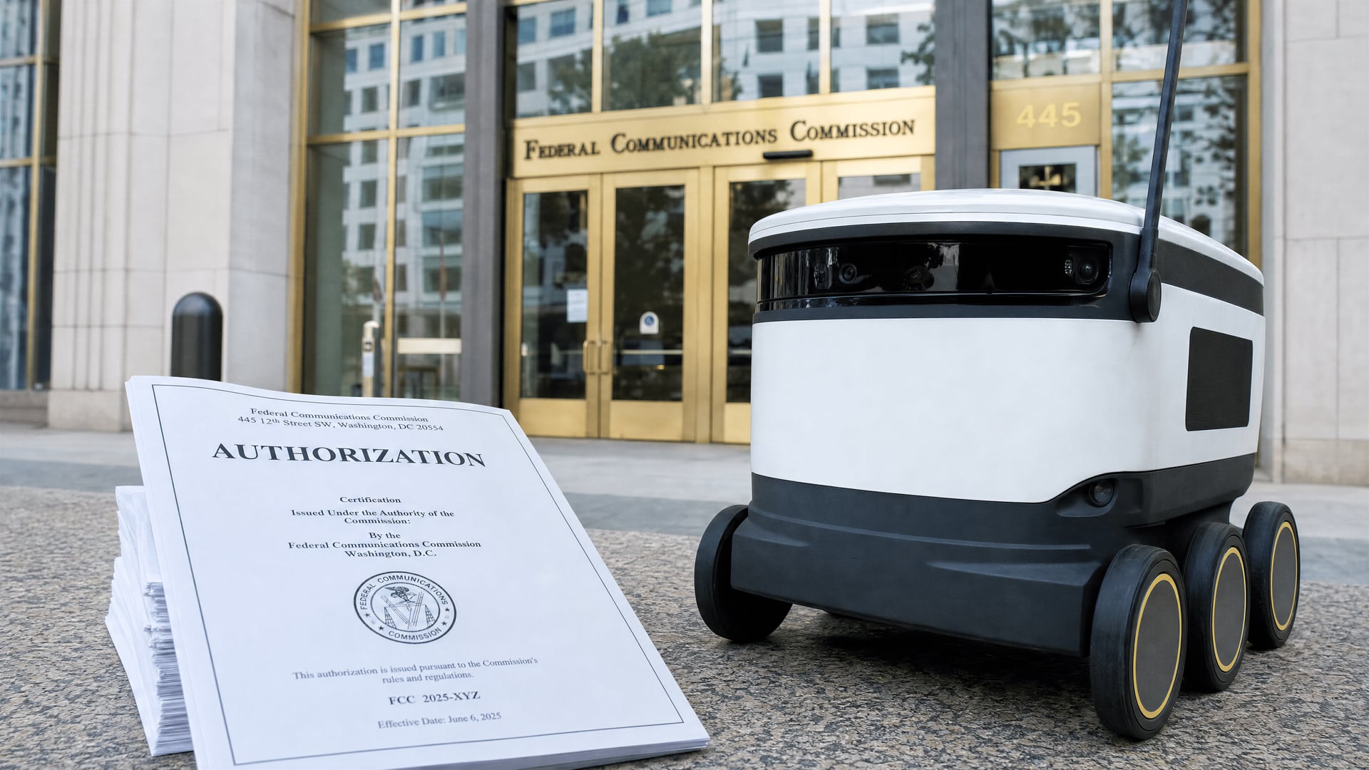 FCC headquarters documents beside a mobile robot intended for steel service-center automation