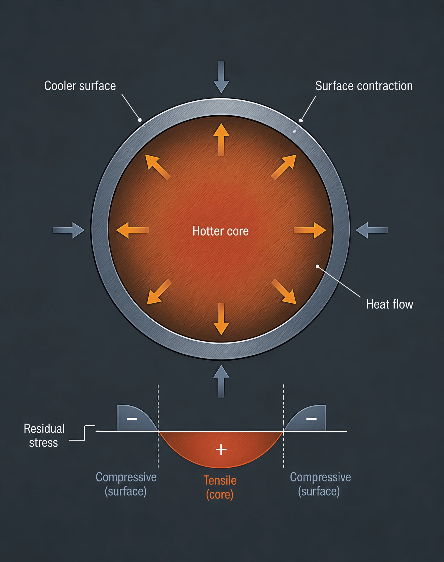 Schematic showing a cooler contracting steel surface around a hotter core during quenching