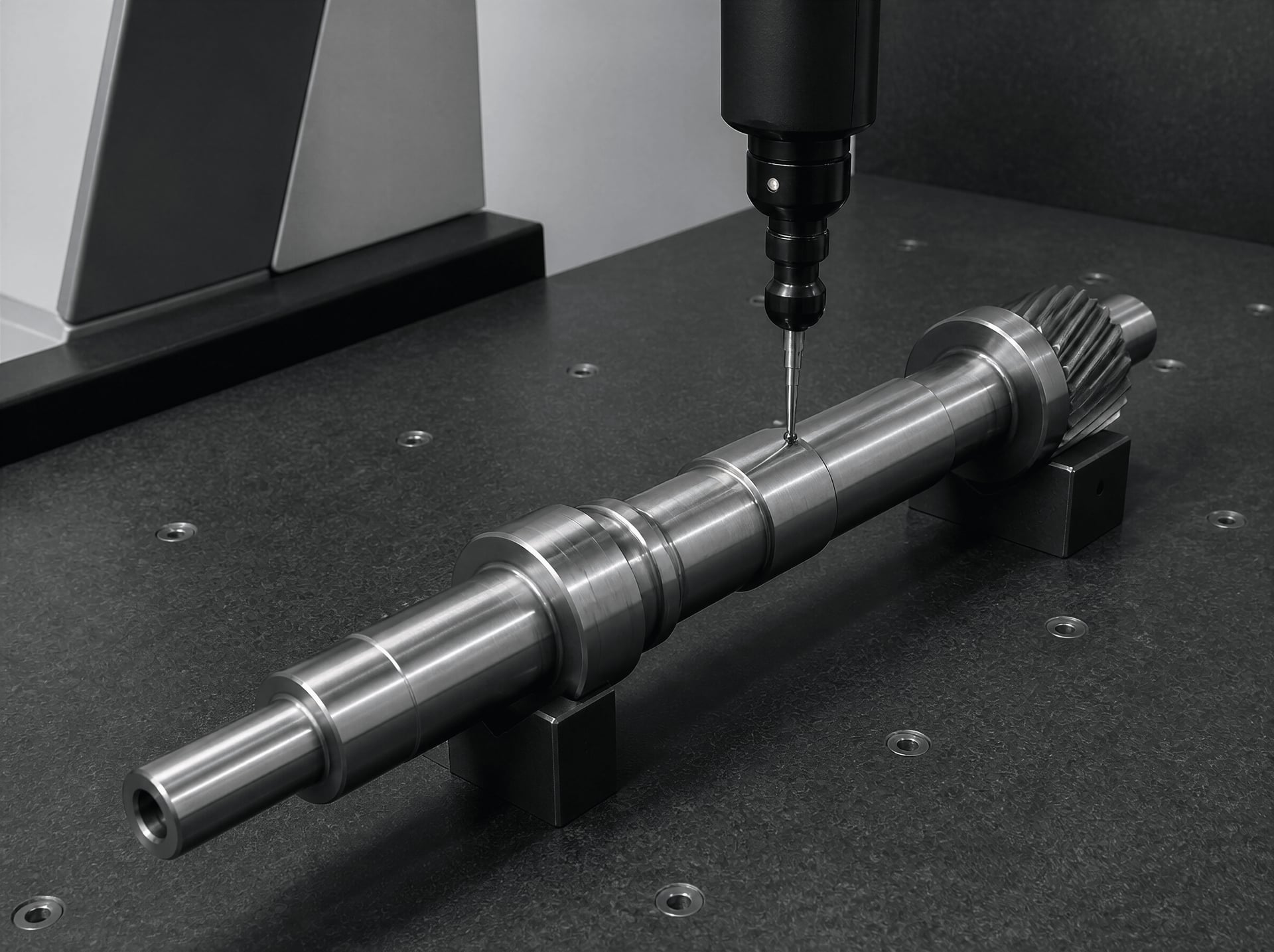 Coordinate-measuring machine inspecting a heat-treated steel shaft