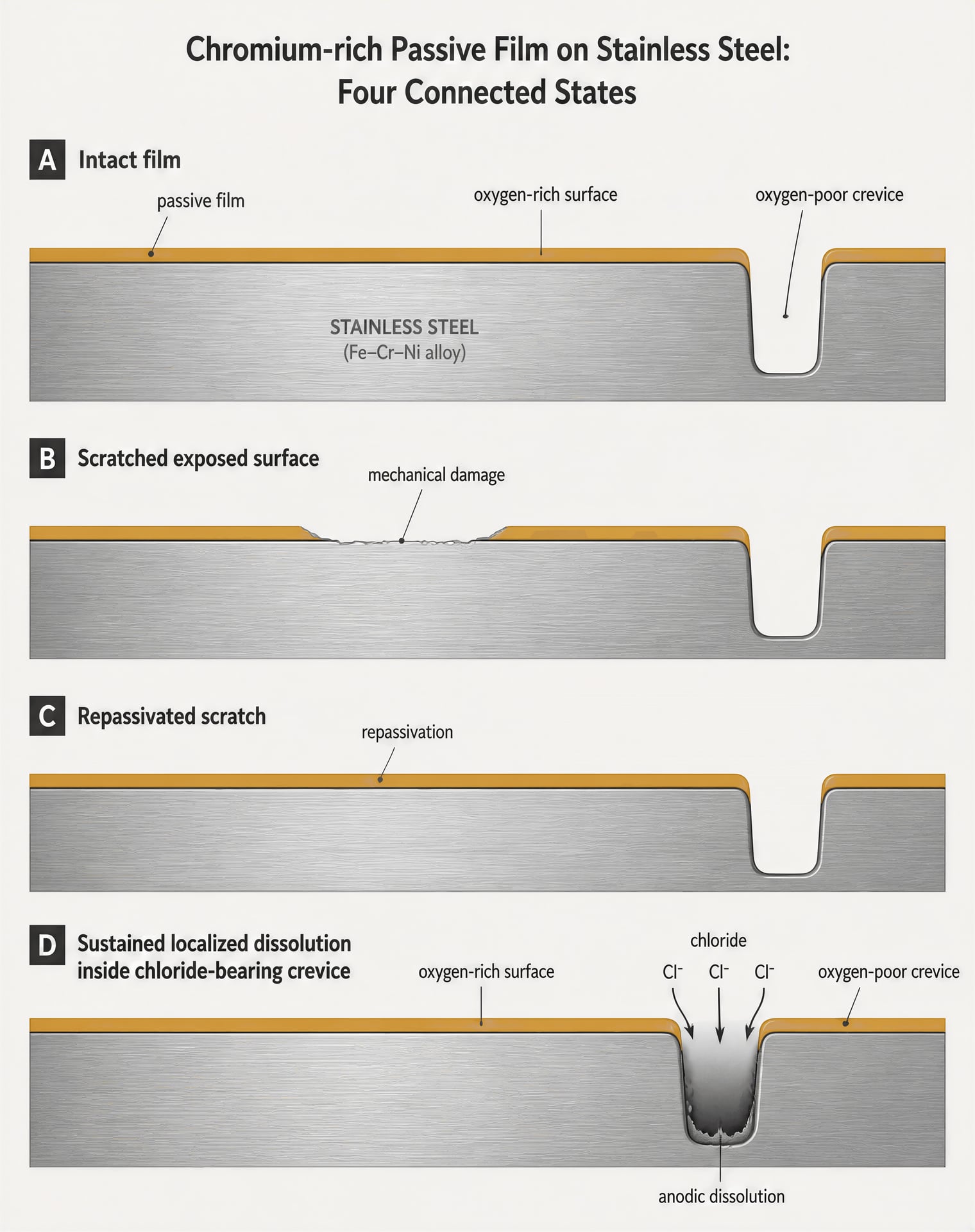 Diagram comparing passive-film repair on an exposed surface with localized dissolution in a chloride-bearing crevice