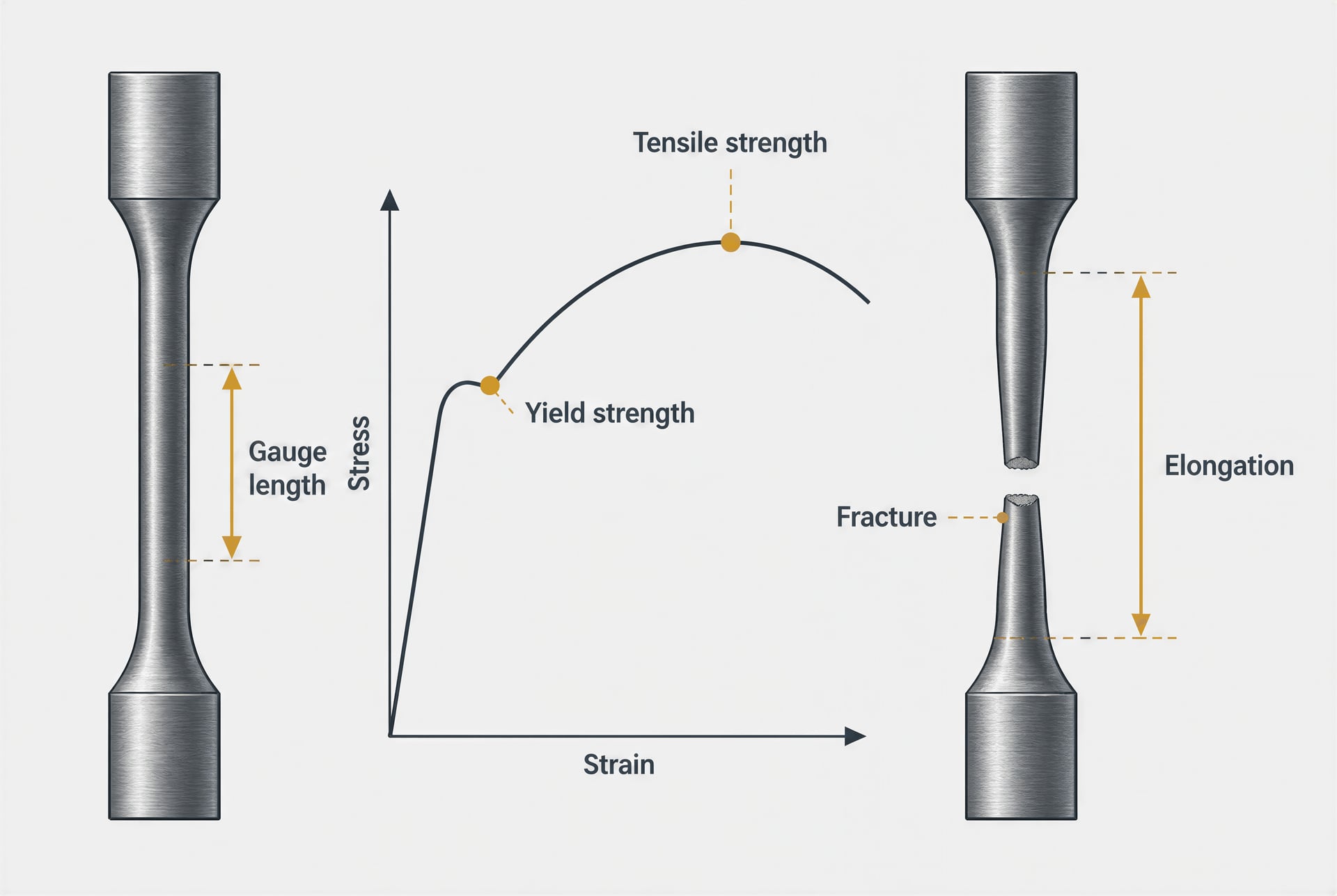 A labelled diagram explains yield strength, tensile strength and elongation in a steel tensile test