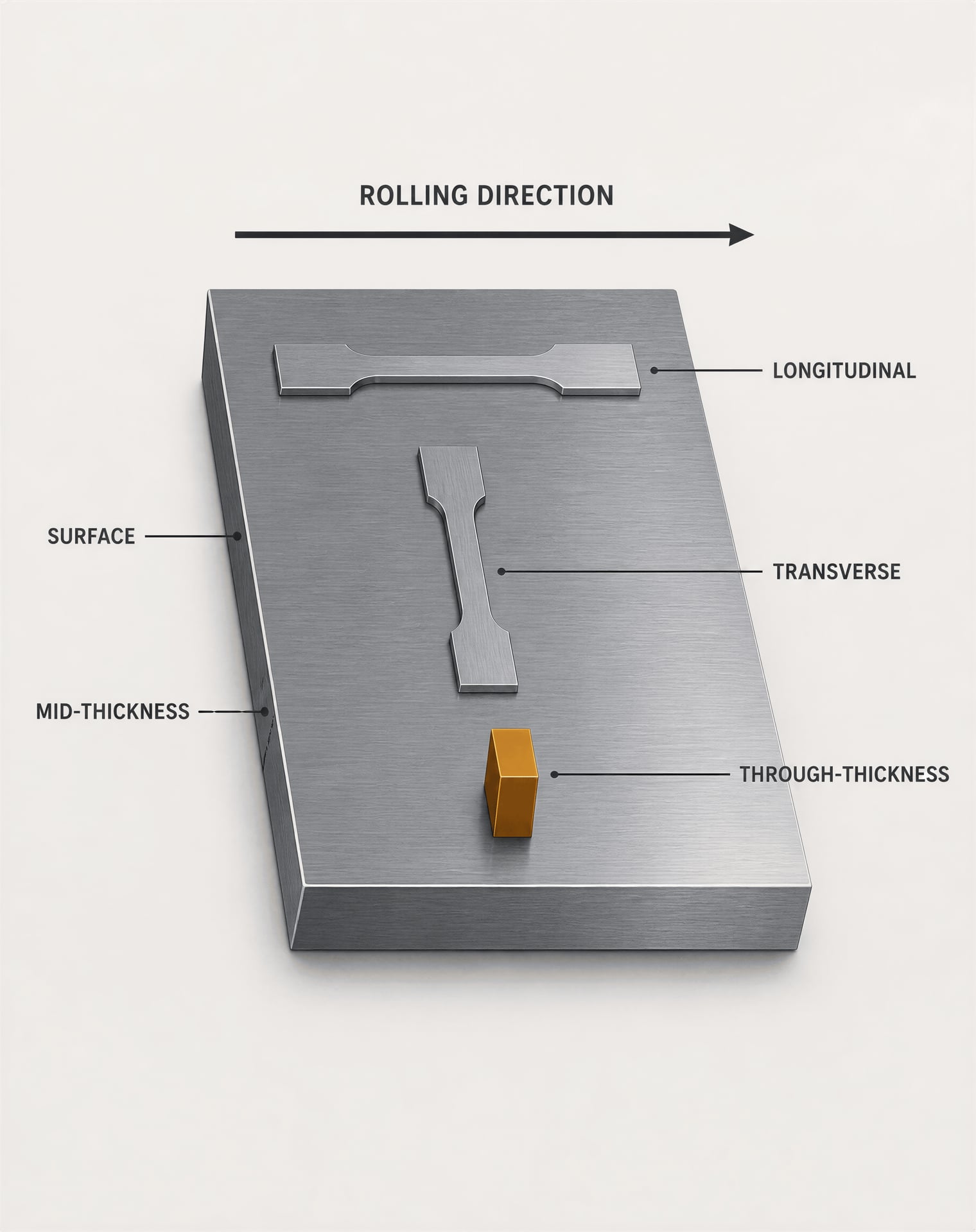 Steel plate diagram showing longitudinal, transverse, and through-thickness specimen orientations