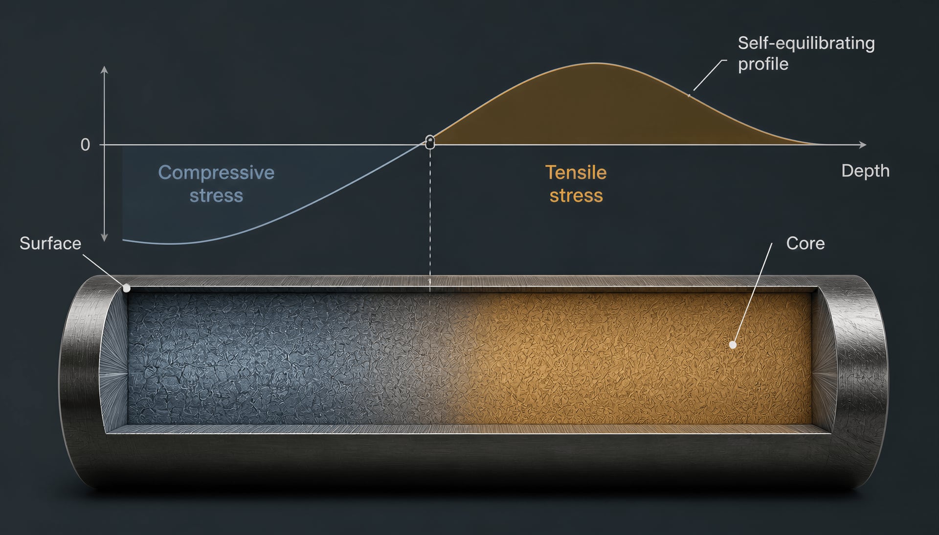 Schematic residual-stress profile through a quenched steel cylinder