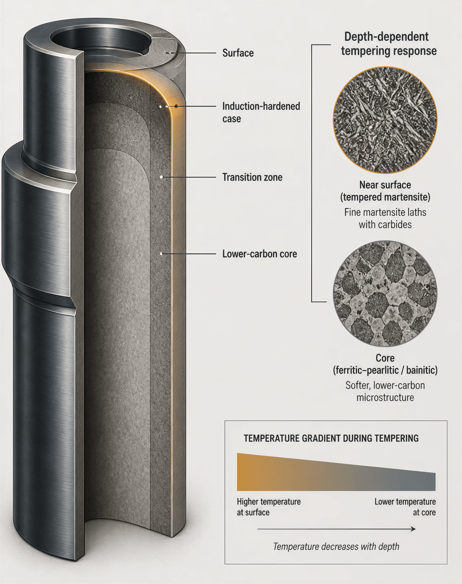 Cross-section of an induction-hardened steel shaft showing its martensitic case, transition zone and lower-carbon core.