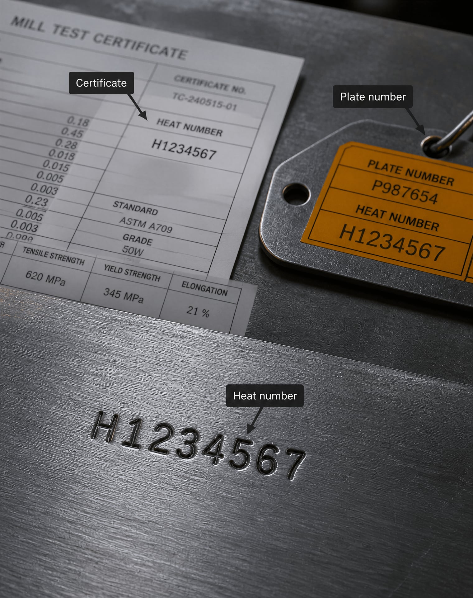A stamped heat number on steel matches a certificate and delivery tag
