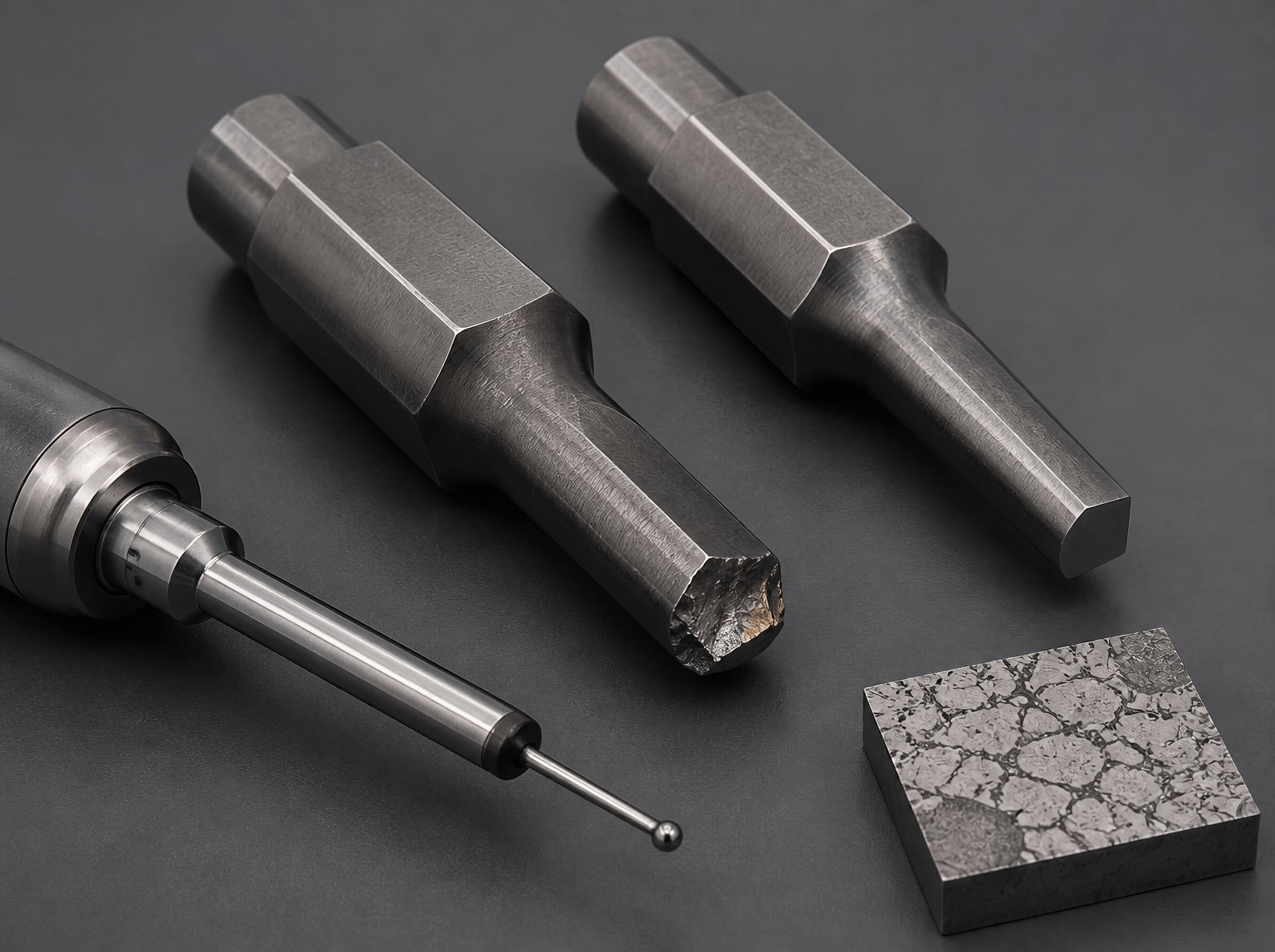 Chipped tool-steel punch prepared for failure analysis beside an intact punch