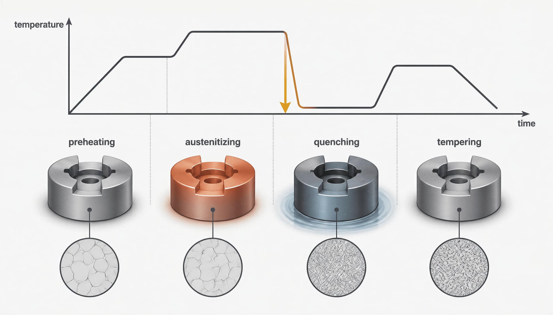 Schematic of tool-steel preheating, austenitizing, quenching, and tempering