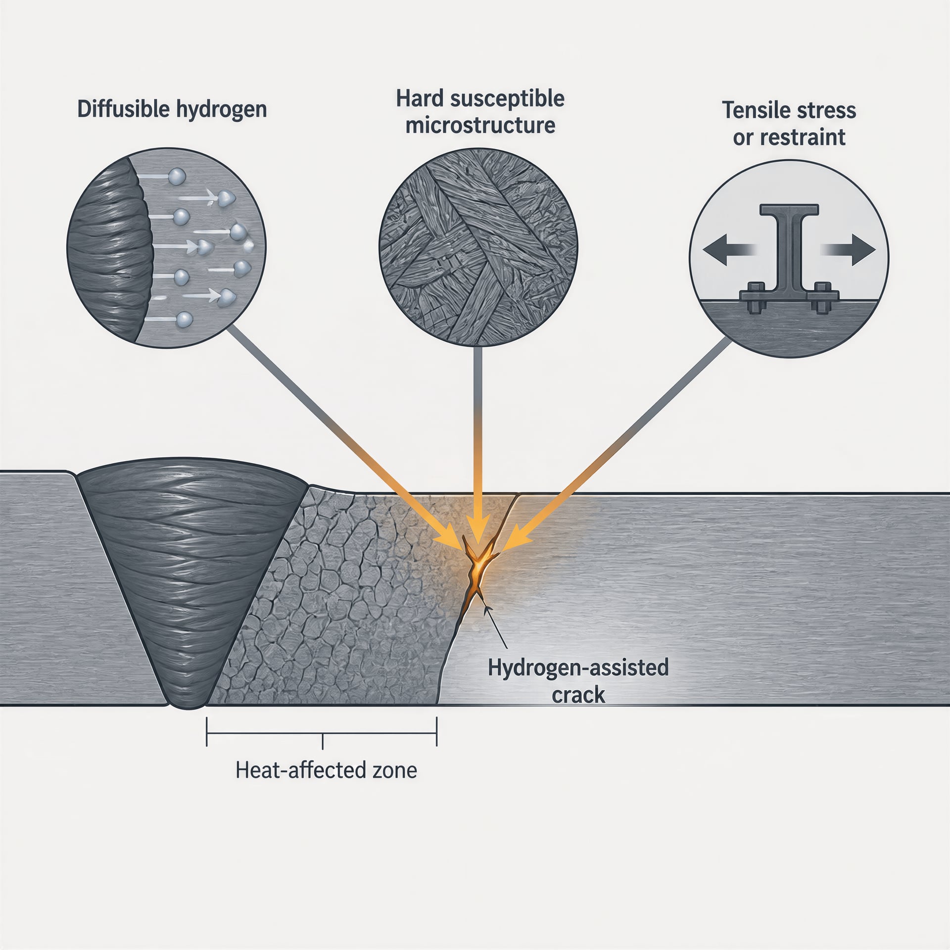 Schematic of hydrogen-assisted cracking caused by hydrogen, a hard microstructure and tensile stress.