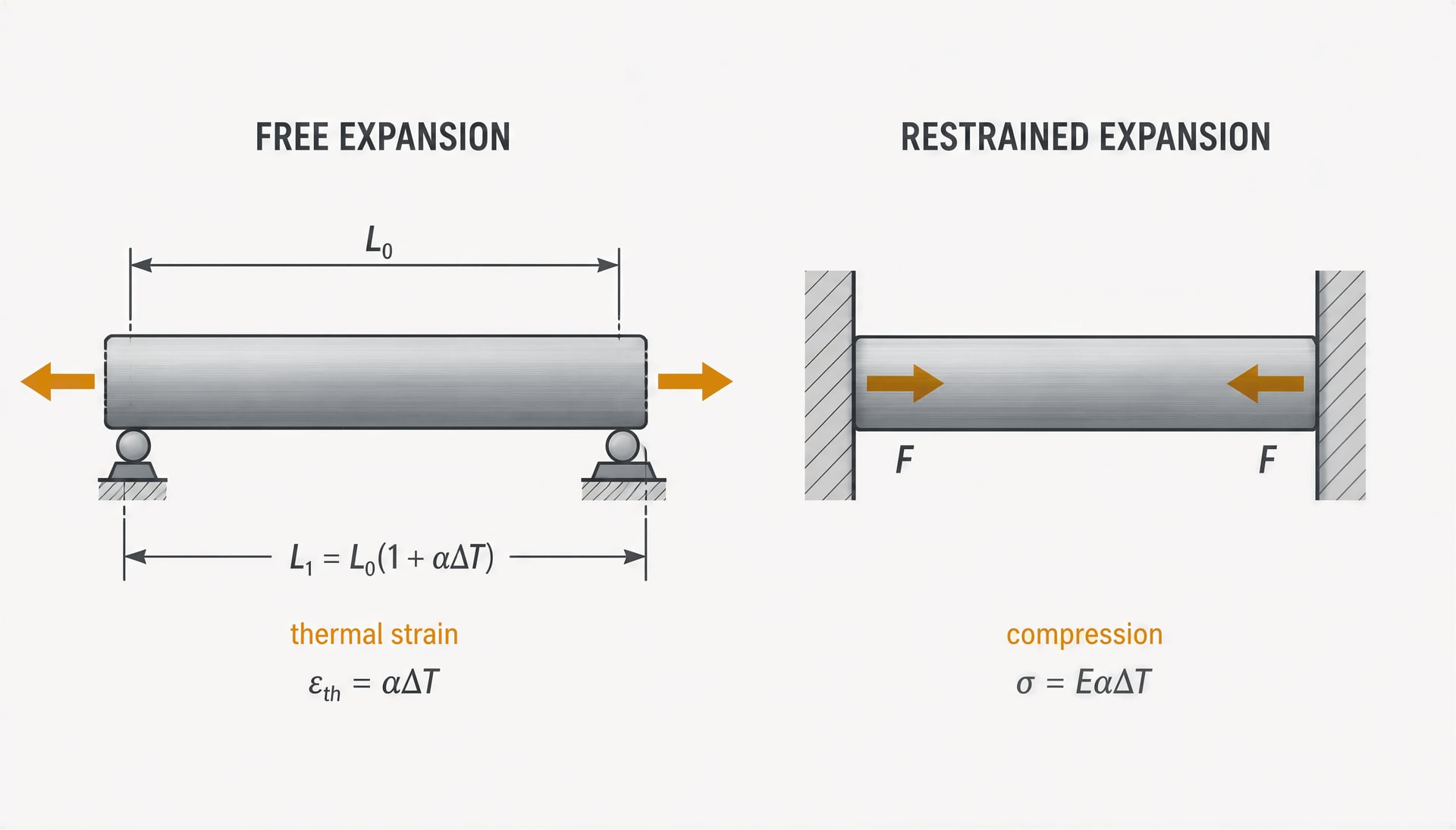 Schematic comparing a freely expanding steel bar with a restrained bar under heating.