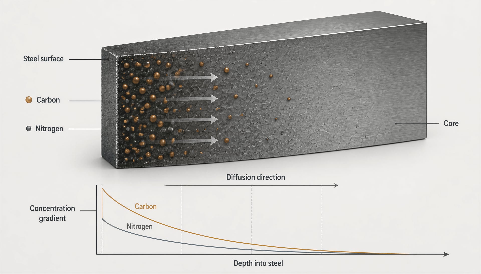 Carbon and nitrogen diffusing into steel and forming concentration gradients