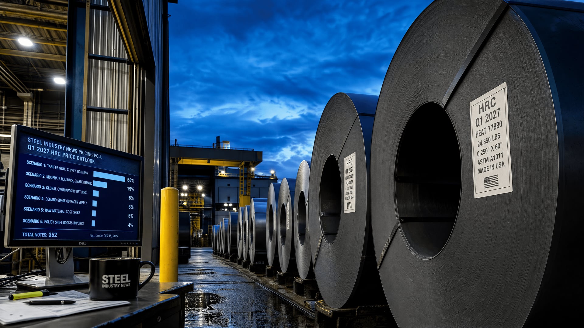 US steel service center with labelled hot-rolled coil bundles and procurement screens showing Q1 2027 pricing scenarios