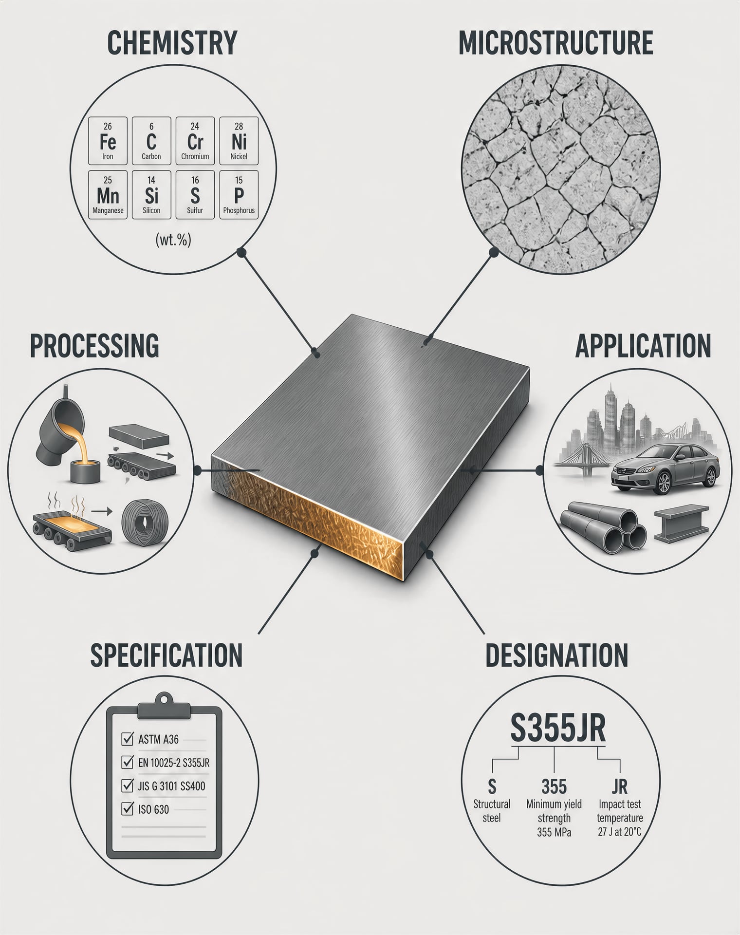 Diagram showing six overlapping ways to classify one steel specimen