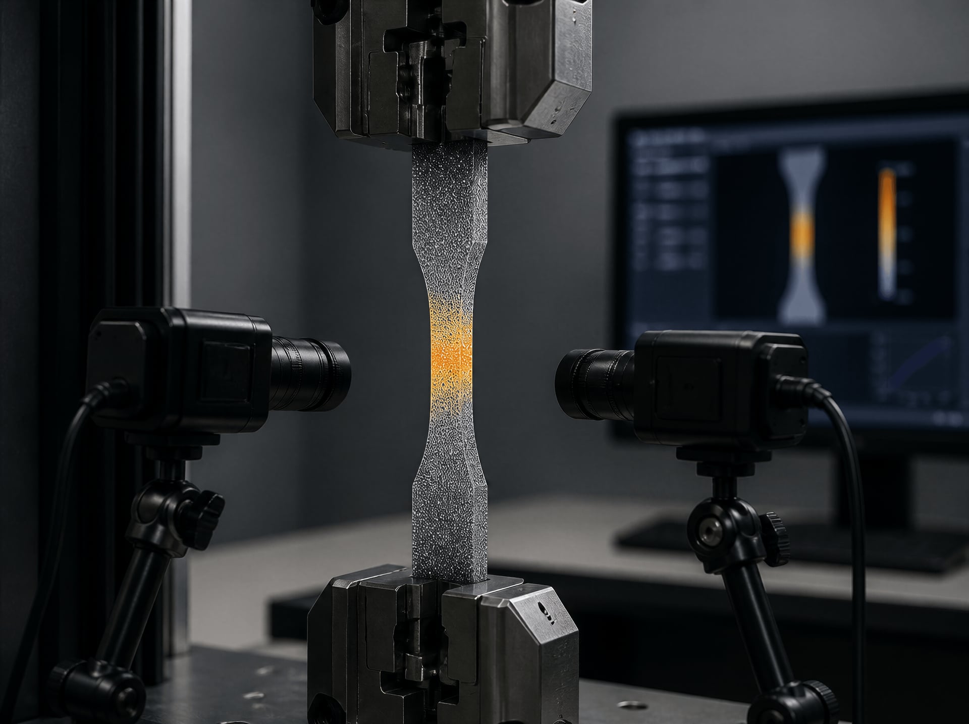 Optical cameras and a strain map measuring deformation on a speckled steel specimen.