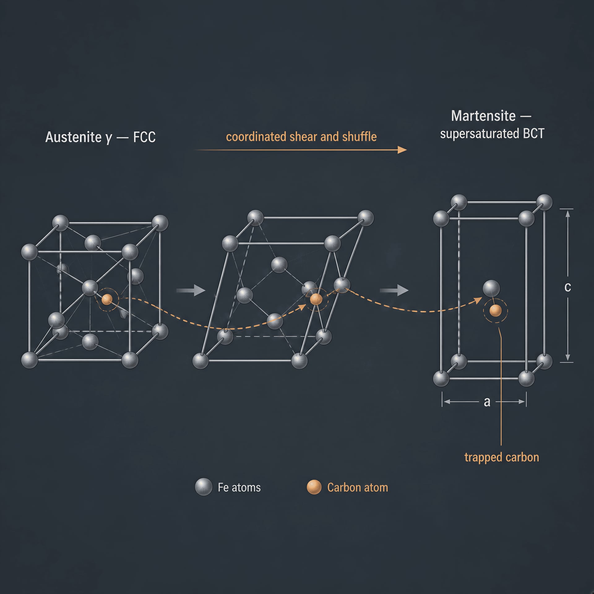 Austenite lattice changing by shear into carbon-supersaturated martensite.