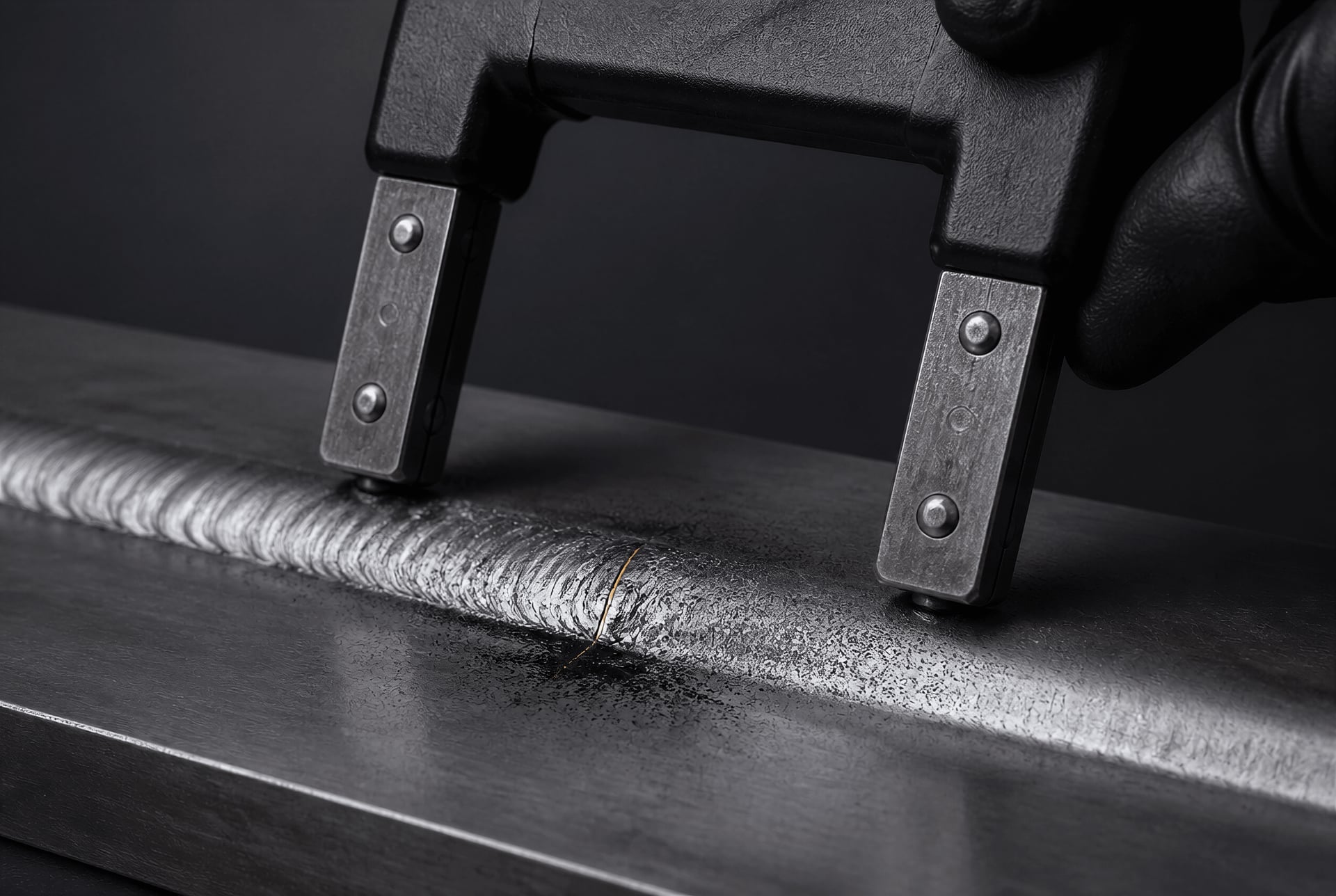 Magnetic particle testing of a steel weld toe reveals a fine delayed crack indication