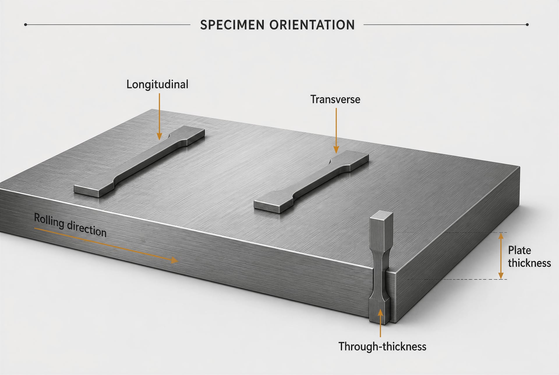Rolled steel plate diagram showing longitudinal, transverse, and through-thickness test directions.