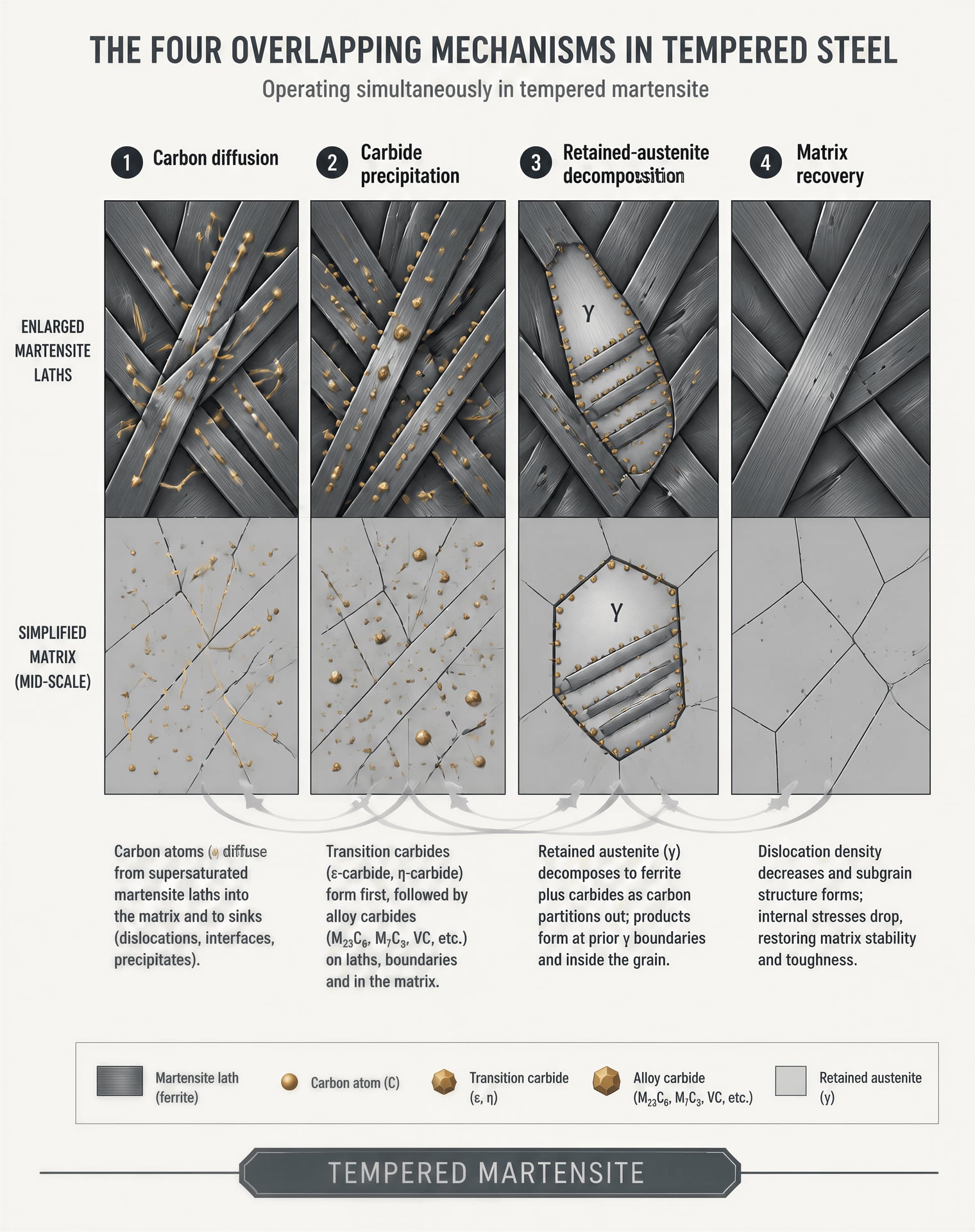 Diagram showing four overlapping mechanisms that transform martensite during tempering.