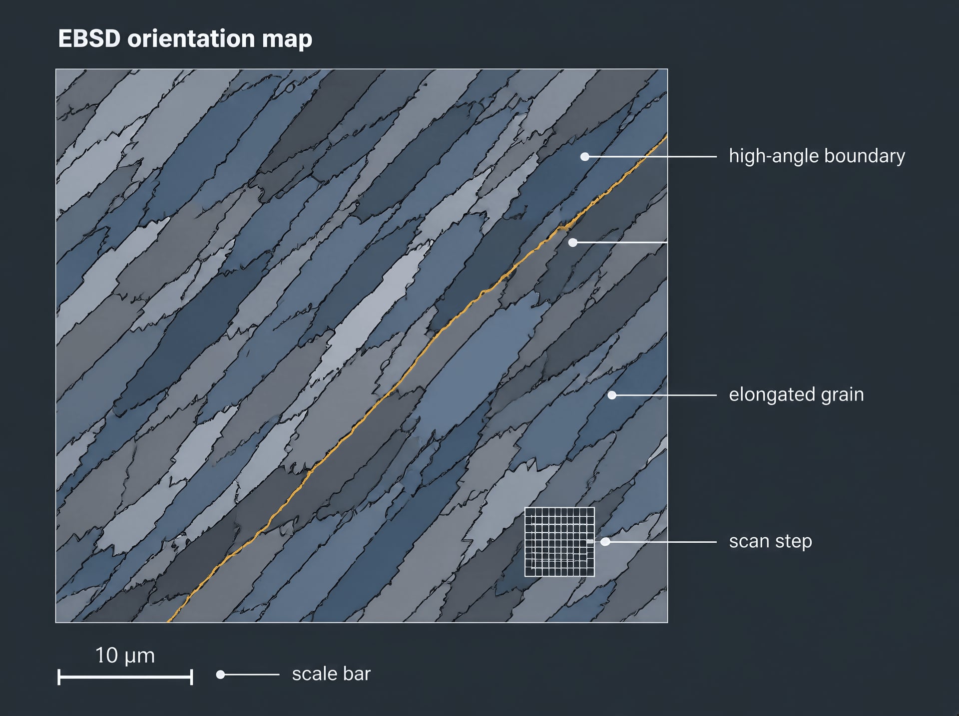 EBSD orientation map showing elongated steel grains and high-angle boundaries.