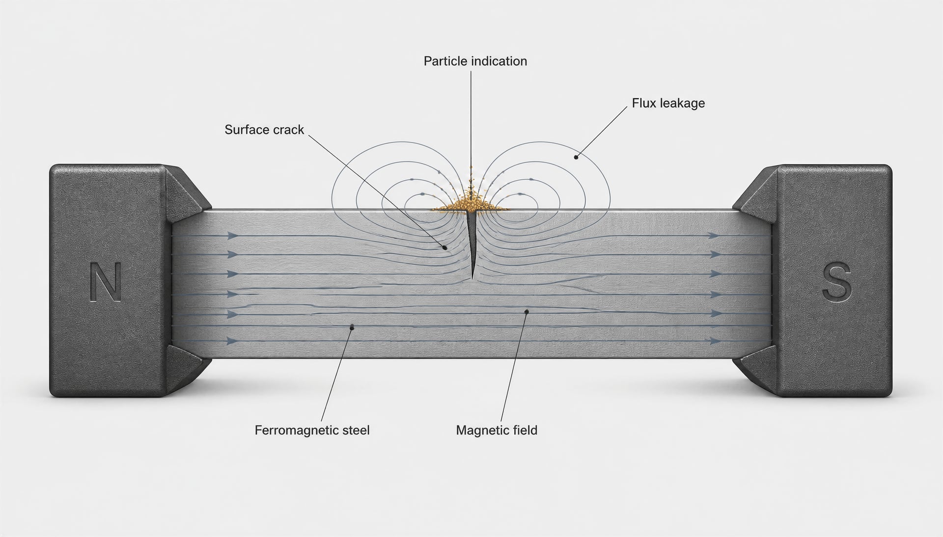 Schematic of magnetic flux leaking at a steel surface crack and attracting particles.