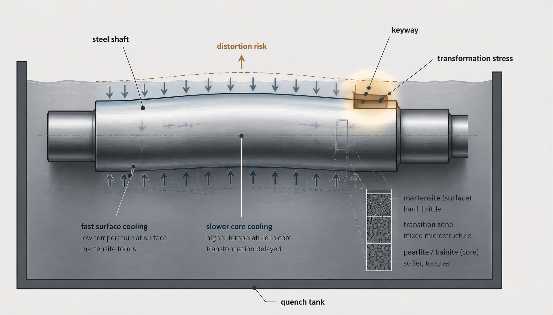 Schematic of a keyed steel shaft showing uneven quenching and distortion risk