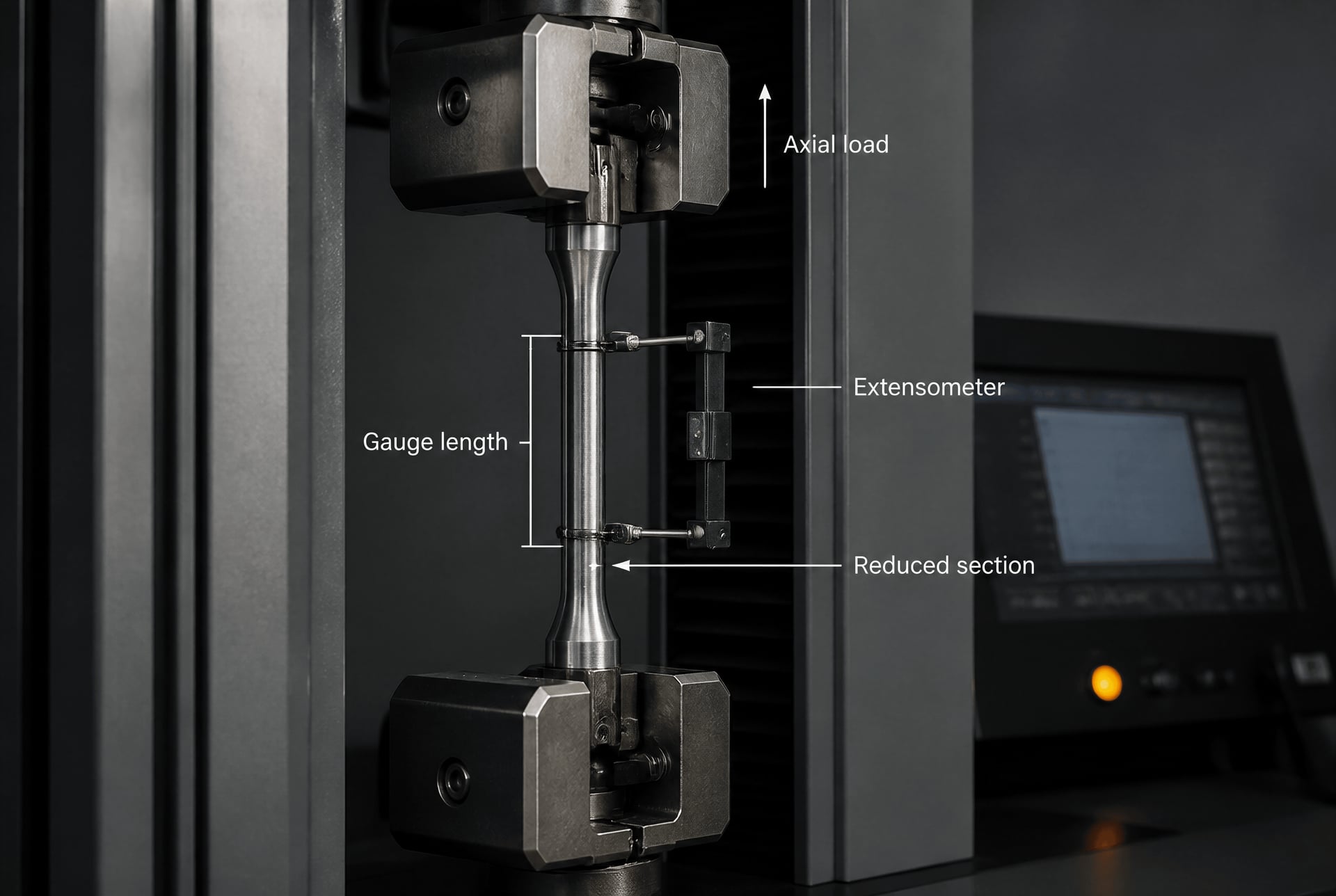 Steel tensile specimen mounted in a testing machine with an extensometer