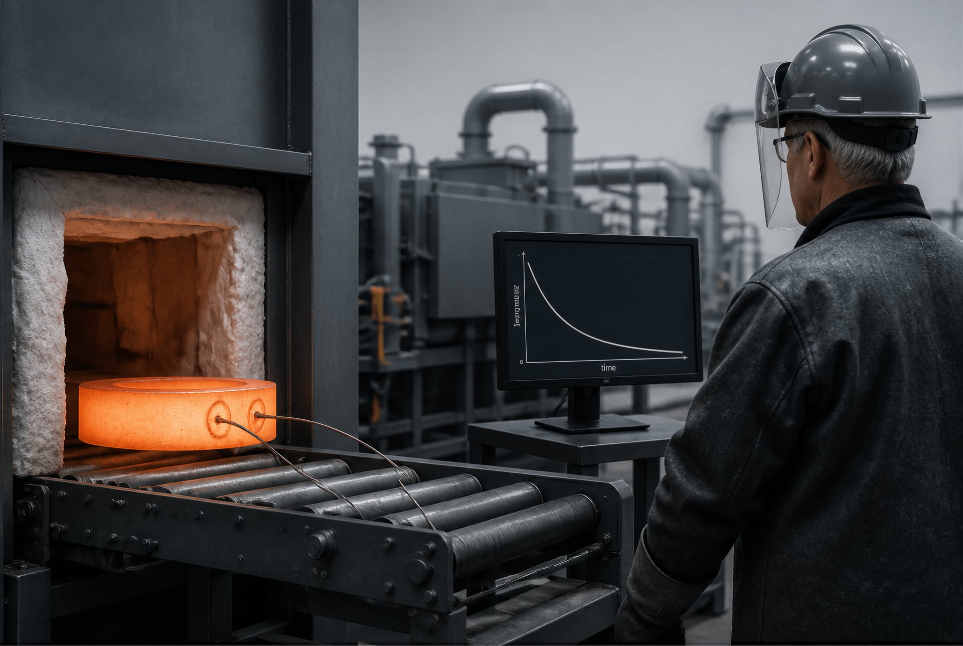 Technician recording the cooling path of a hot steel component with thermocouples.