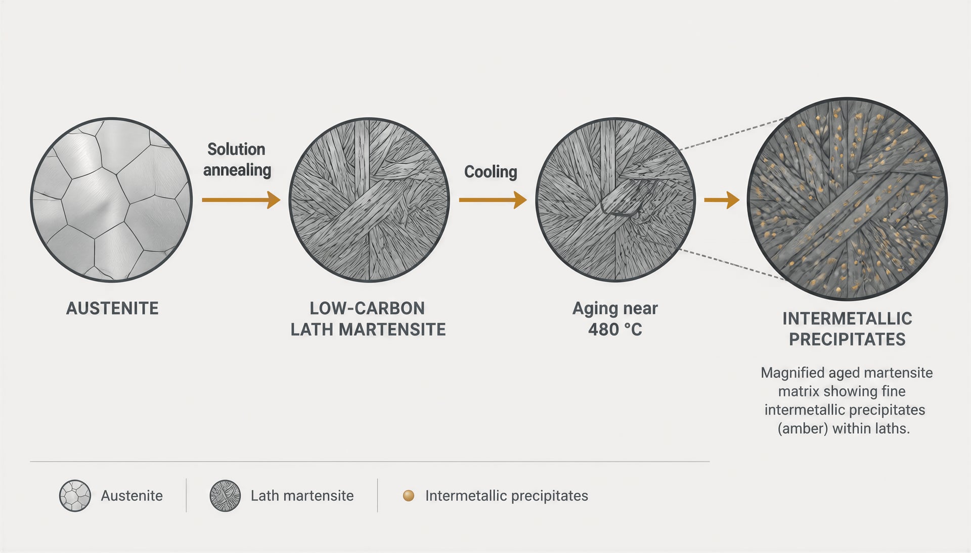 Diagram of maraging-steel transformation and precipitation hardening